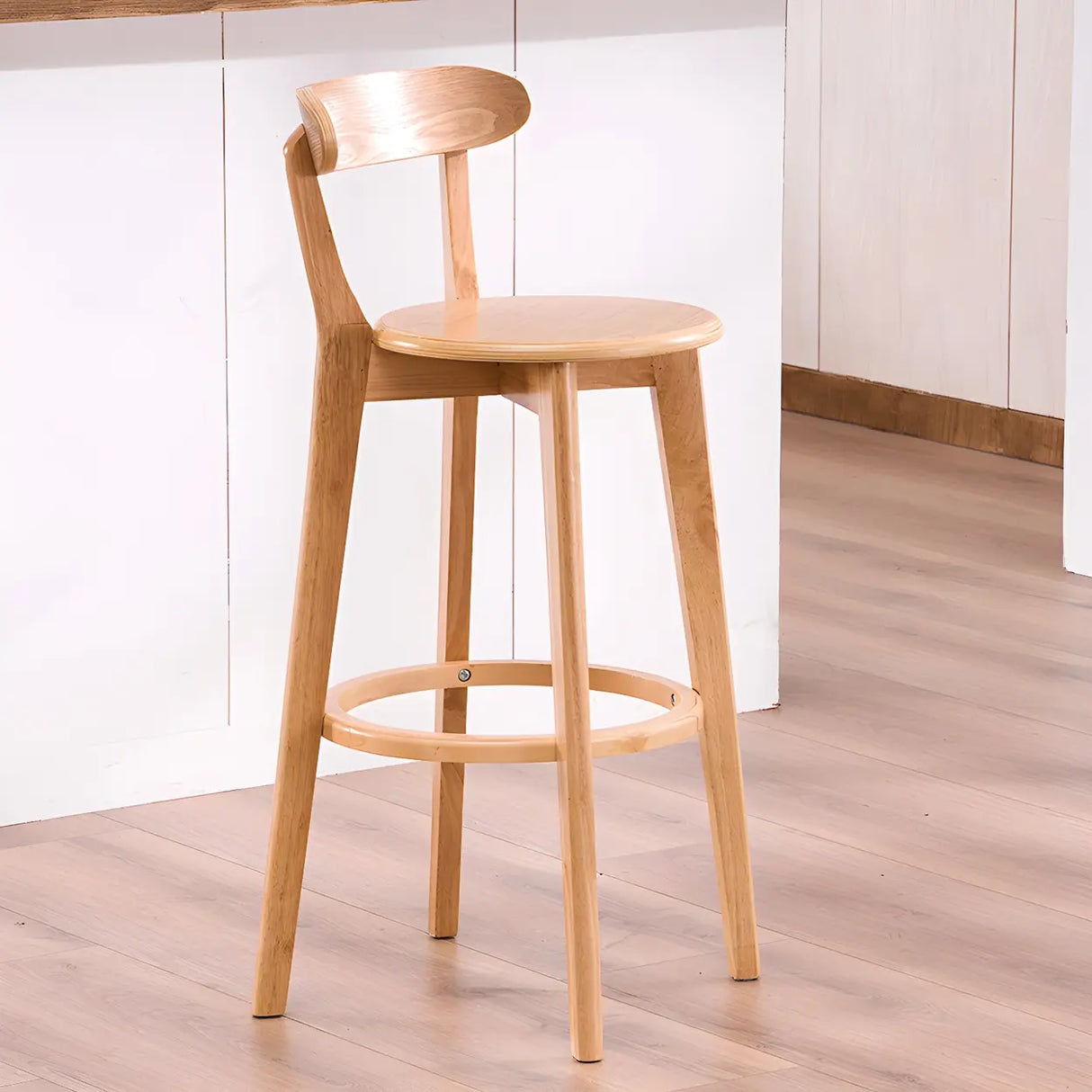 Natural Round Beech Cotton Backrest Wood Bar Stool Image - 44
