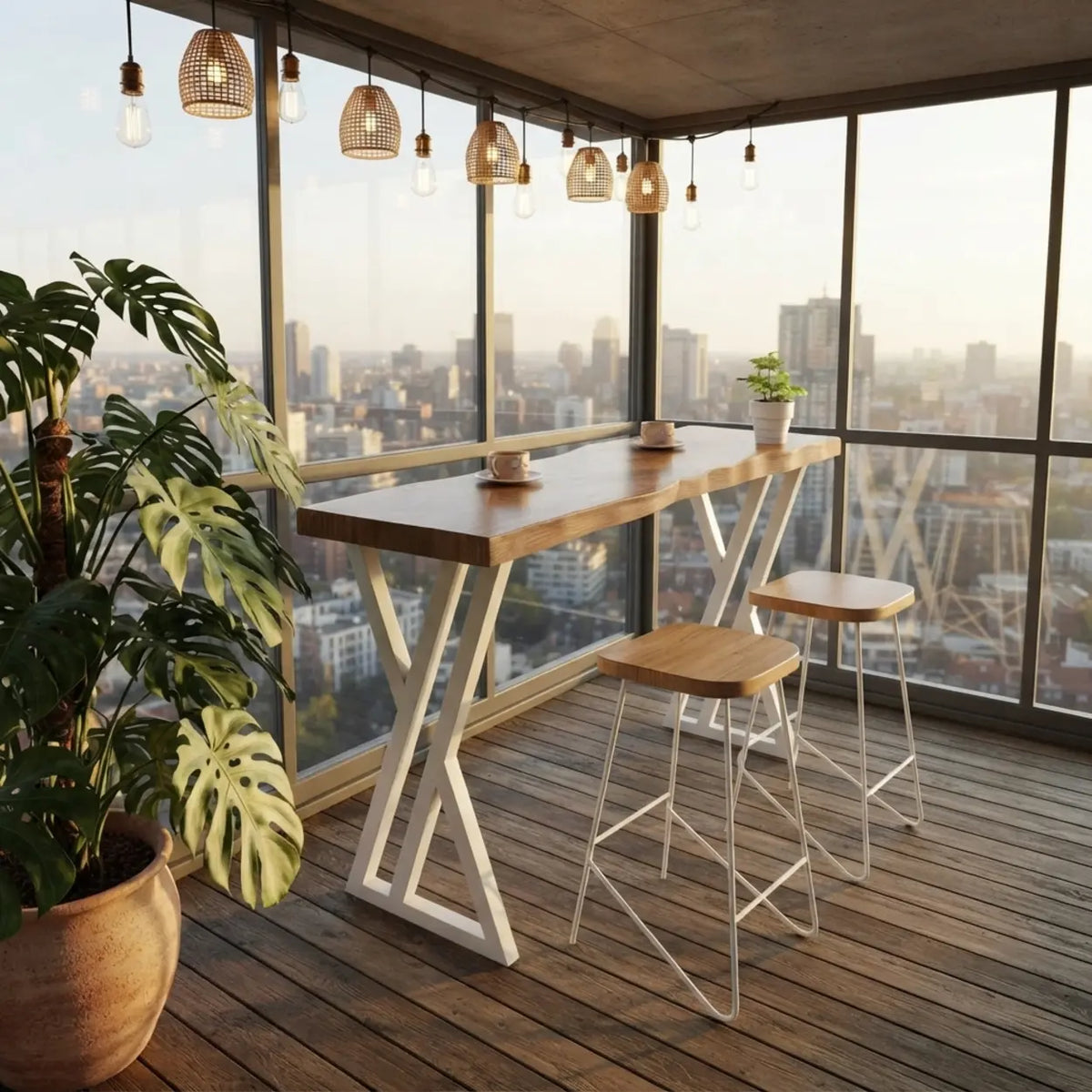 Nature 39.3"W*15.7"D*41.3"H Natural Solid Wood Rectangular Bar Table with White Metal Trestle Base Image - 1