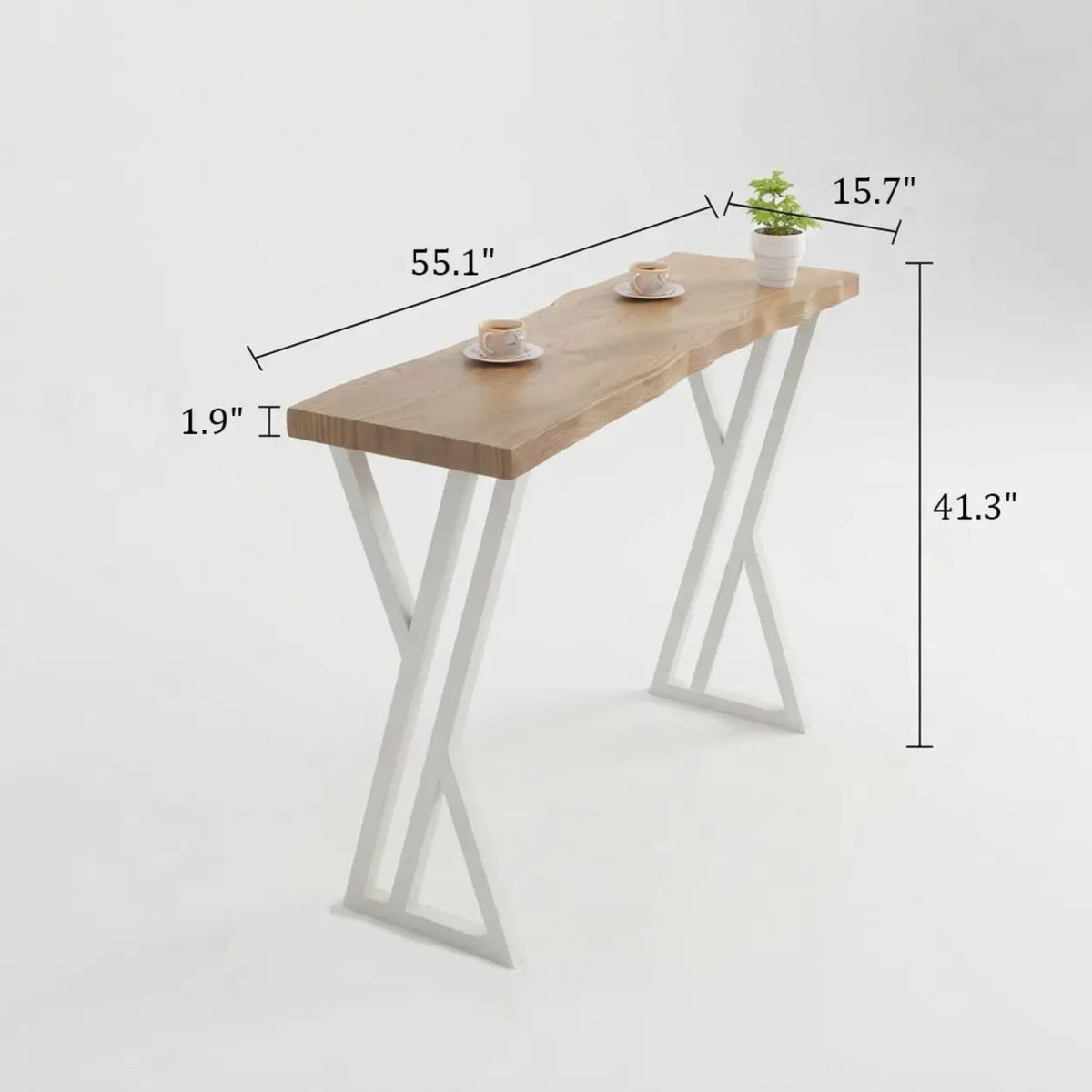 Natural Solid Wood Rectangular Bar Table with White Metal Trestle Base Image - 10