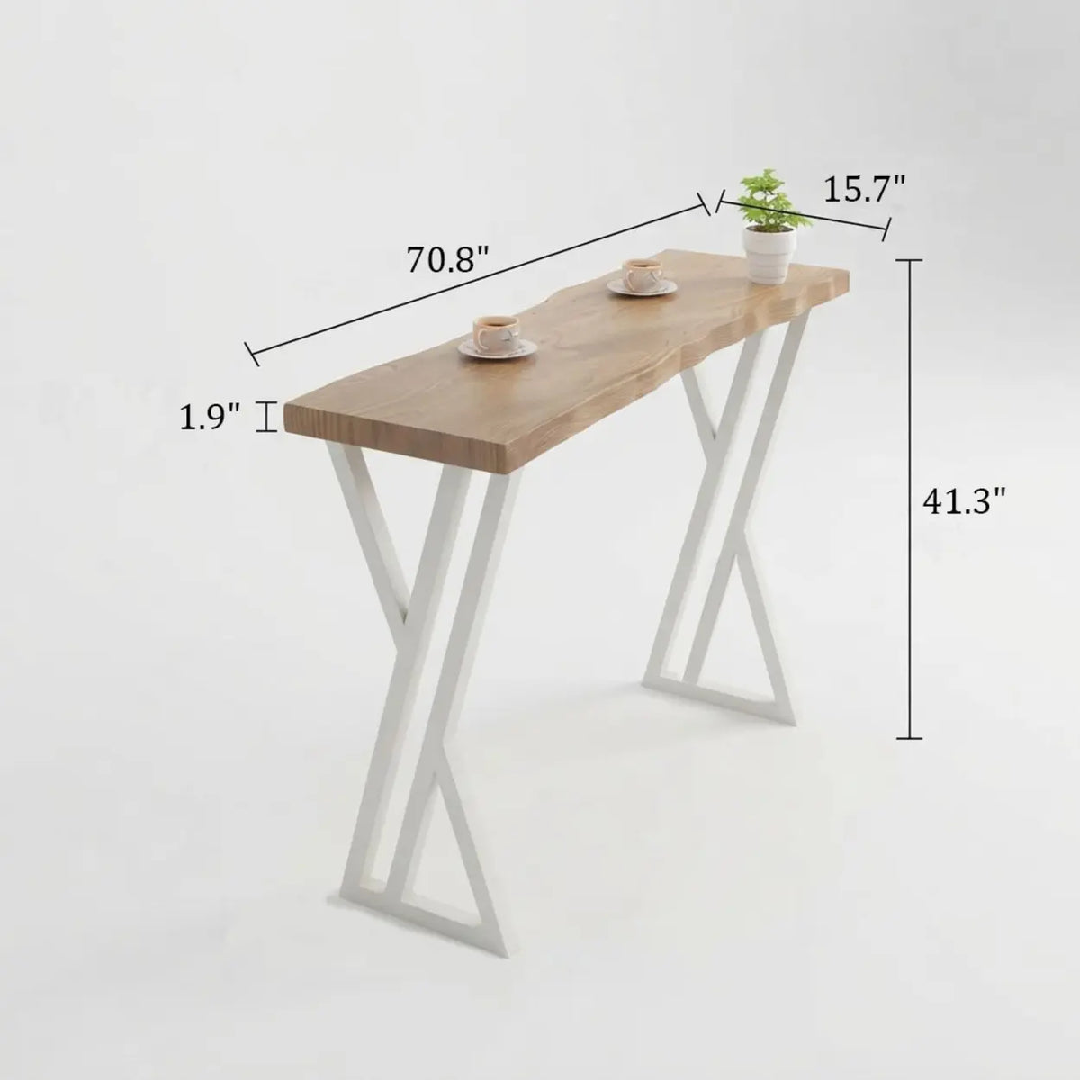 Natural Solid Wood Rectangular Bar Table with White Metal Trestle Base Image - 12