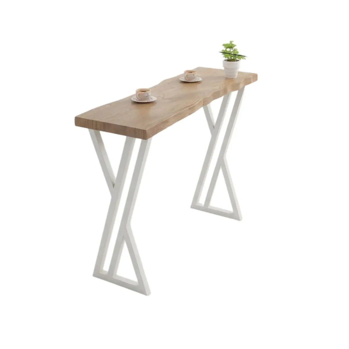 Natural Solid Wood Rectangular Bar Table with White Metal Trestle Base Image - 2