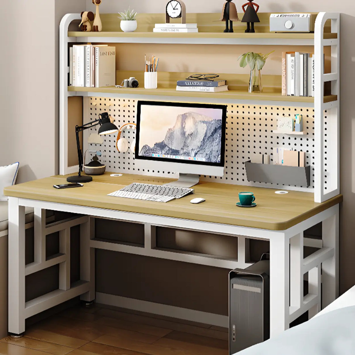 Natural Timber Finish Computer Desk with Shelves Image - 1