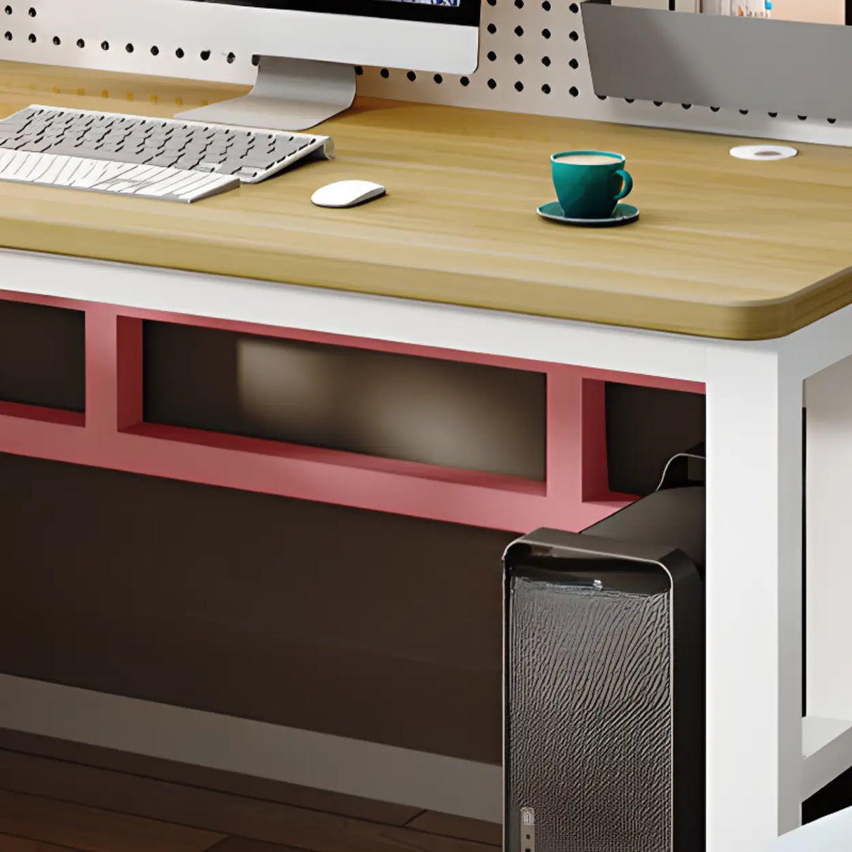 Natural Timber Finish Computer Desk with Shelves Image - 4