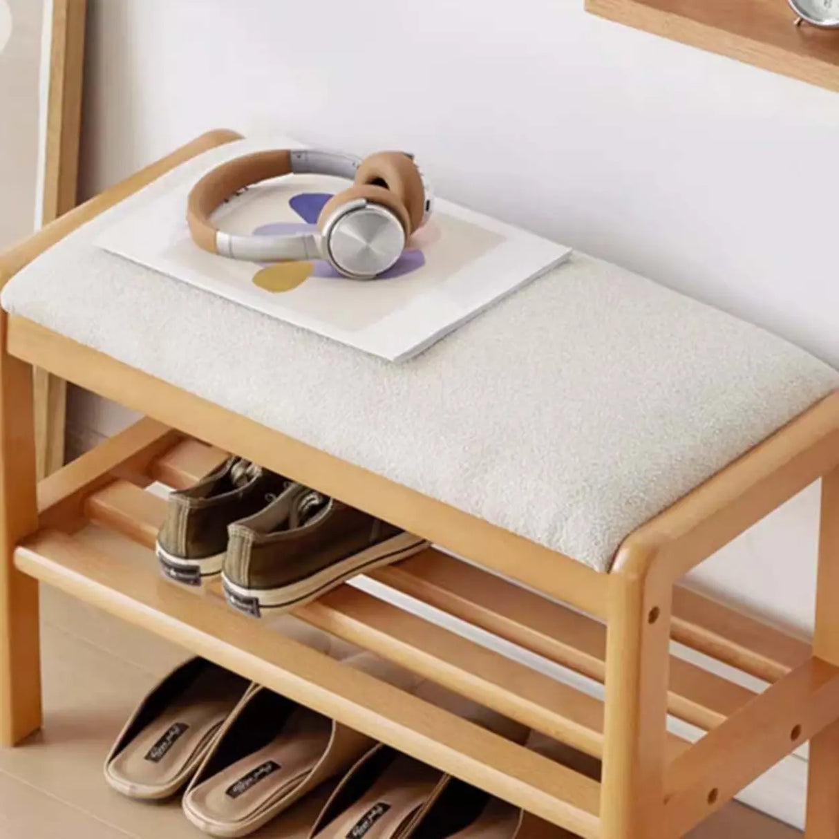 Natural Upholstered Entryway Bench with Shoe Shelf Image - 16