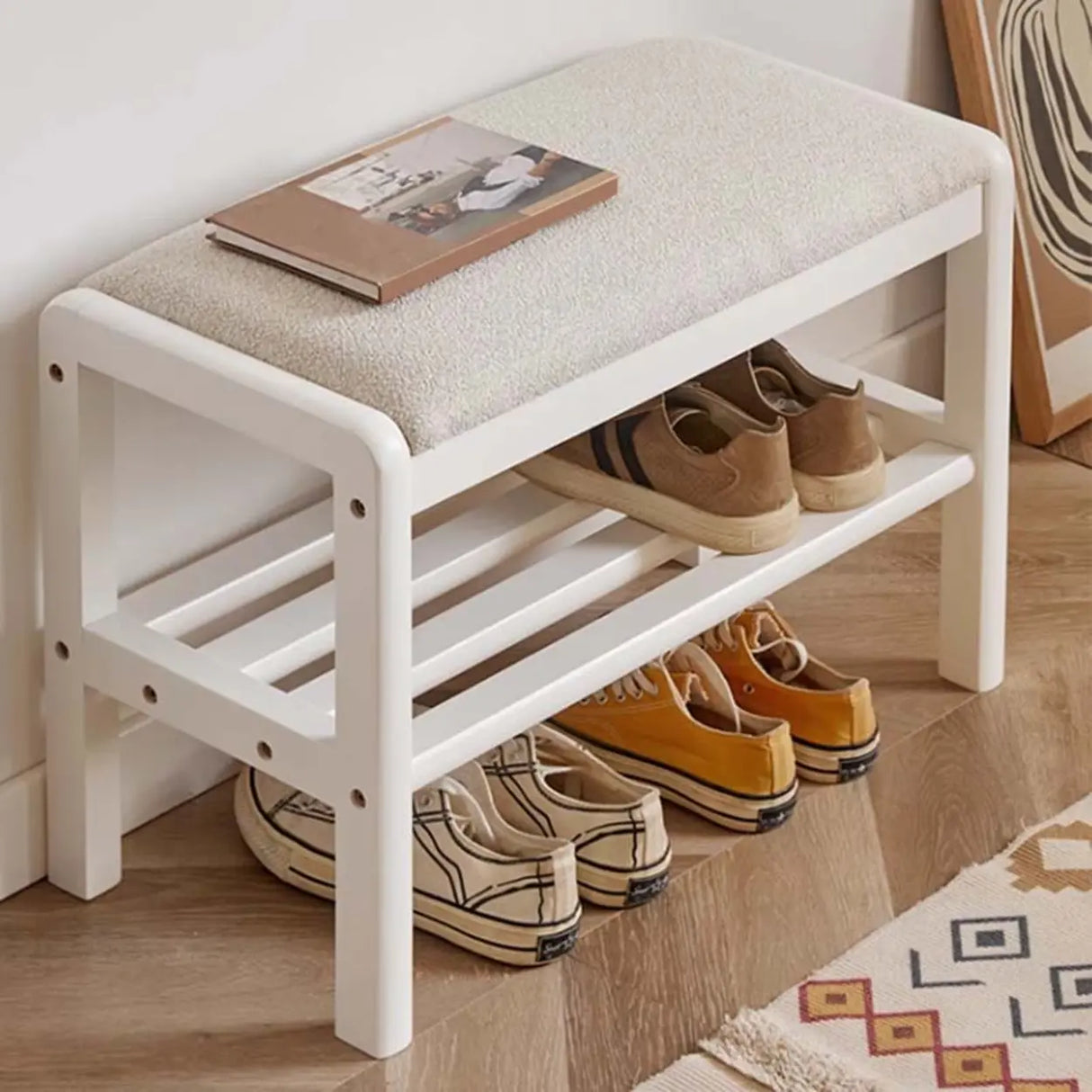 Natural Upholstered Entryway Bench with Shoe Shelf Image - 4