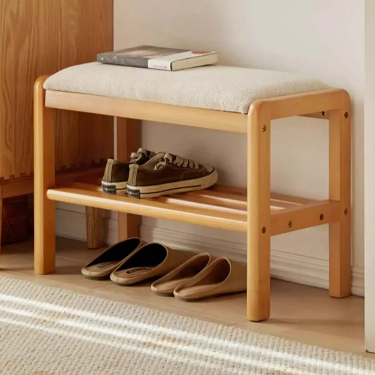 Natural Upholstered Entryway Bench with Shoe Shelf Image - 8