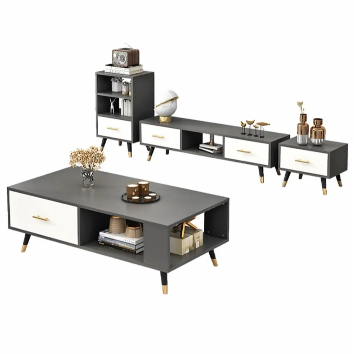 Natural-White Open Storage Drawers Rectangle TV Stand Image - 10