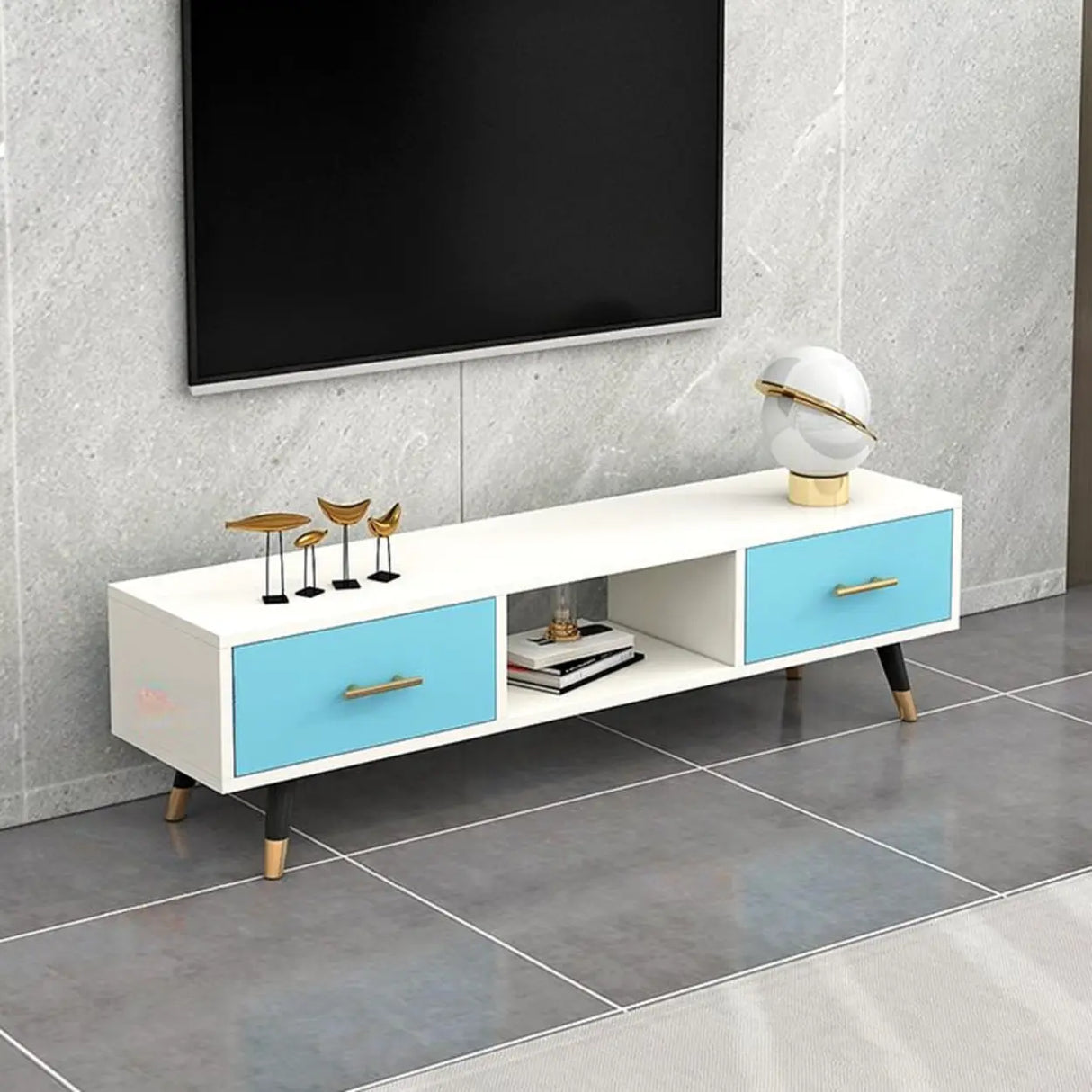 Natural-White Open Storage Drawers Rectangle TV Stand Image - 11