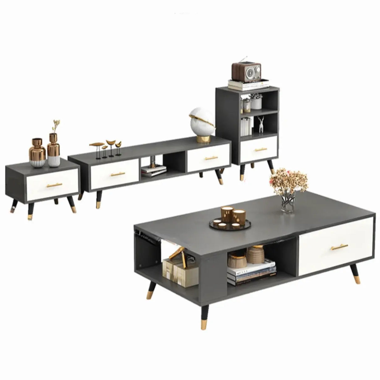 Natural-White Open Storage Drawers Rectangle TV Stand Image - 12