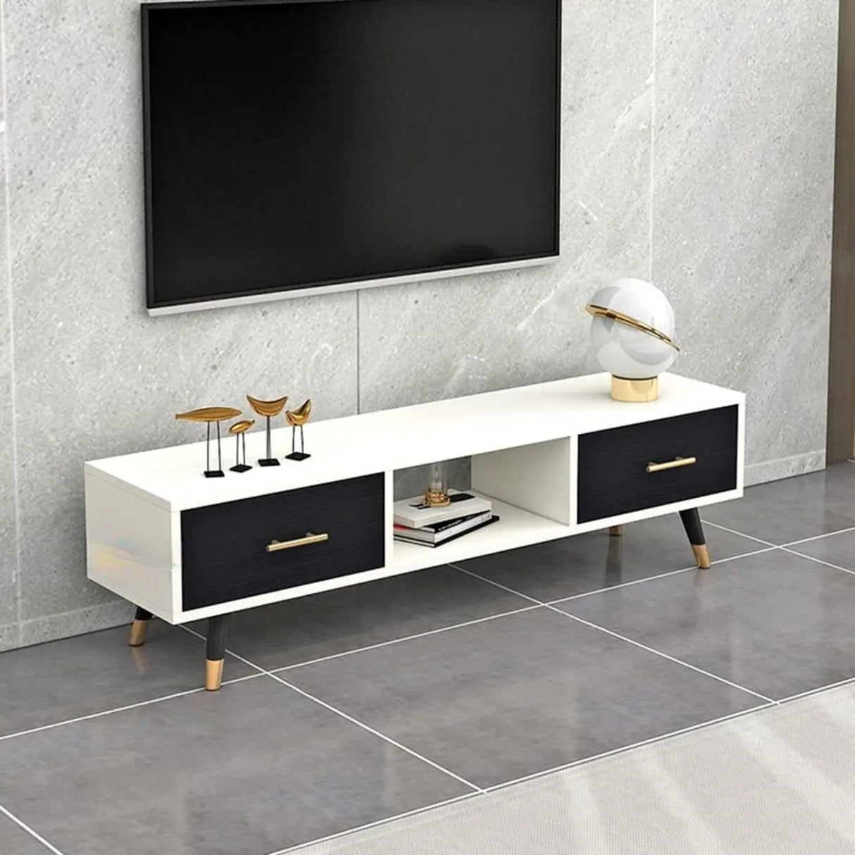 Natural-White Open Storage Drawers Rectangle TV Stand Image - 13