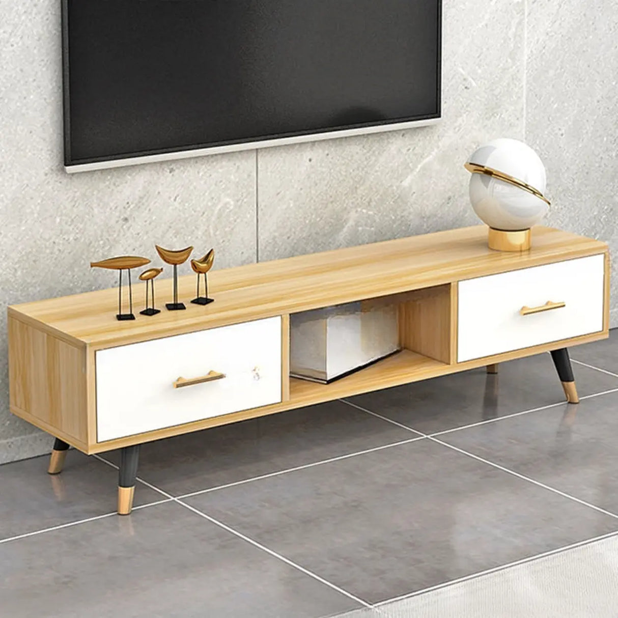 Natural-White Open Storage Drawers Rectangle TV Stand Image - 15