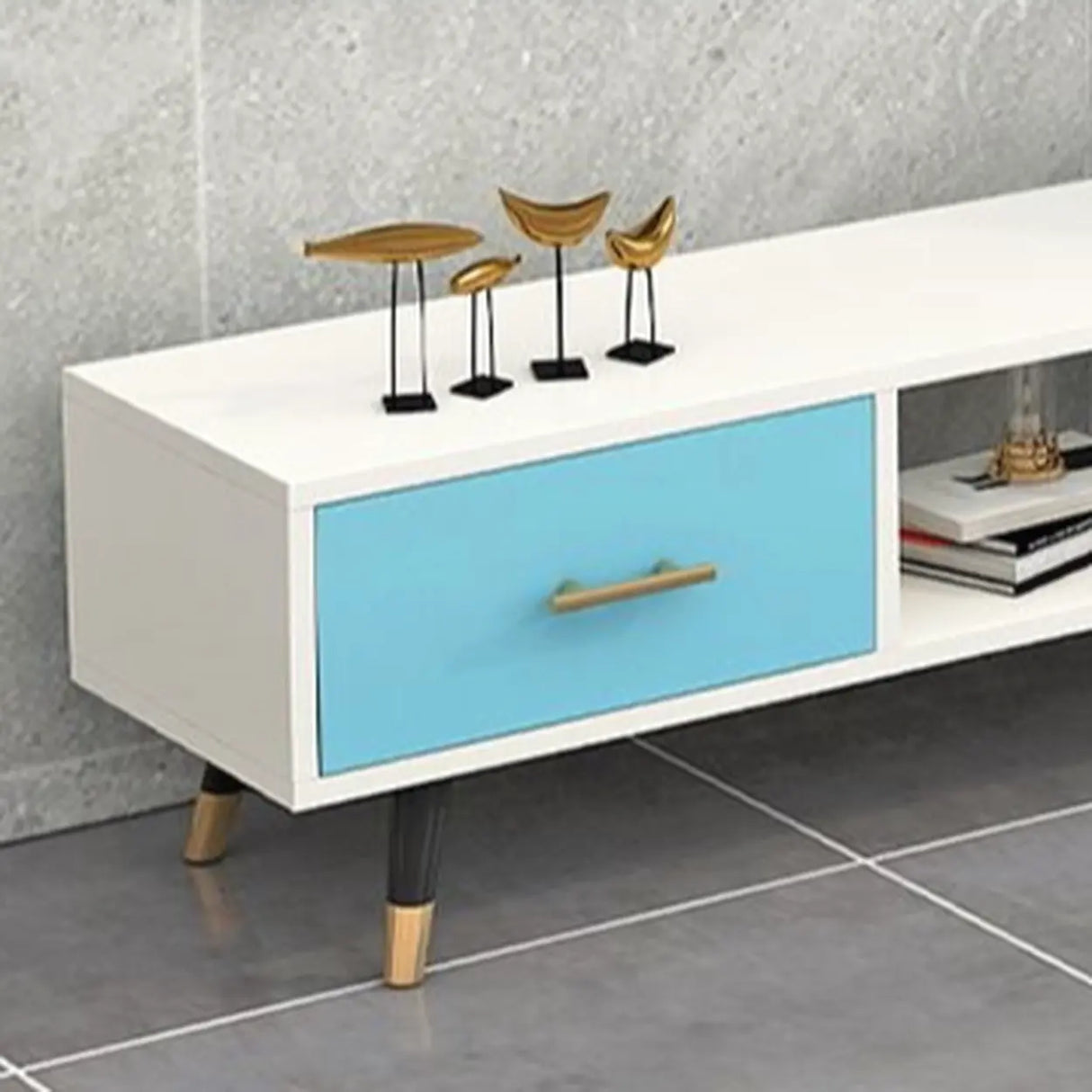 Natural-White Open Storage Drawers Rectangle TV Stand Image - 16