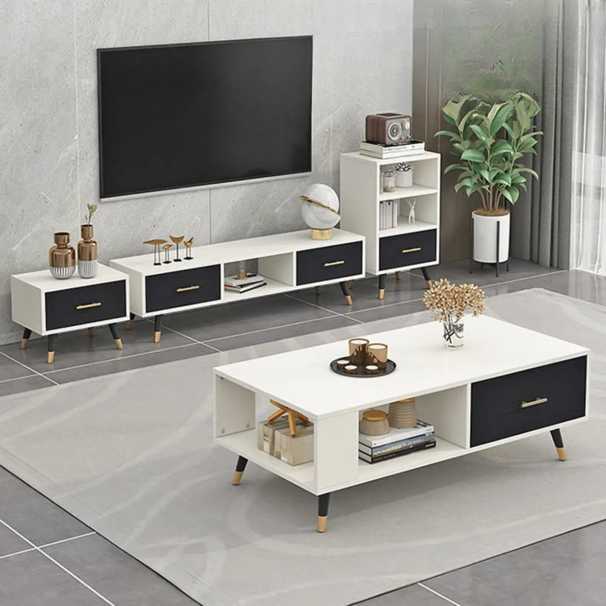 Natural-White Open Storage Drawers Rectangle TV Stand Image - 18