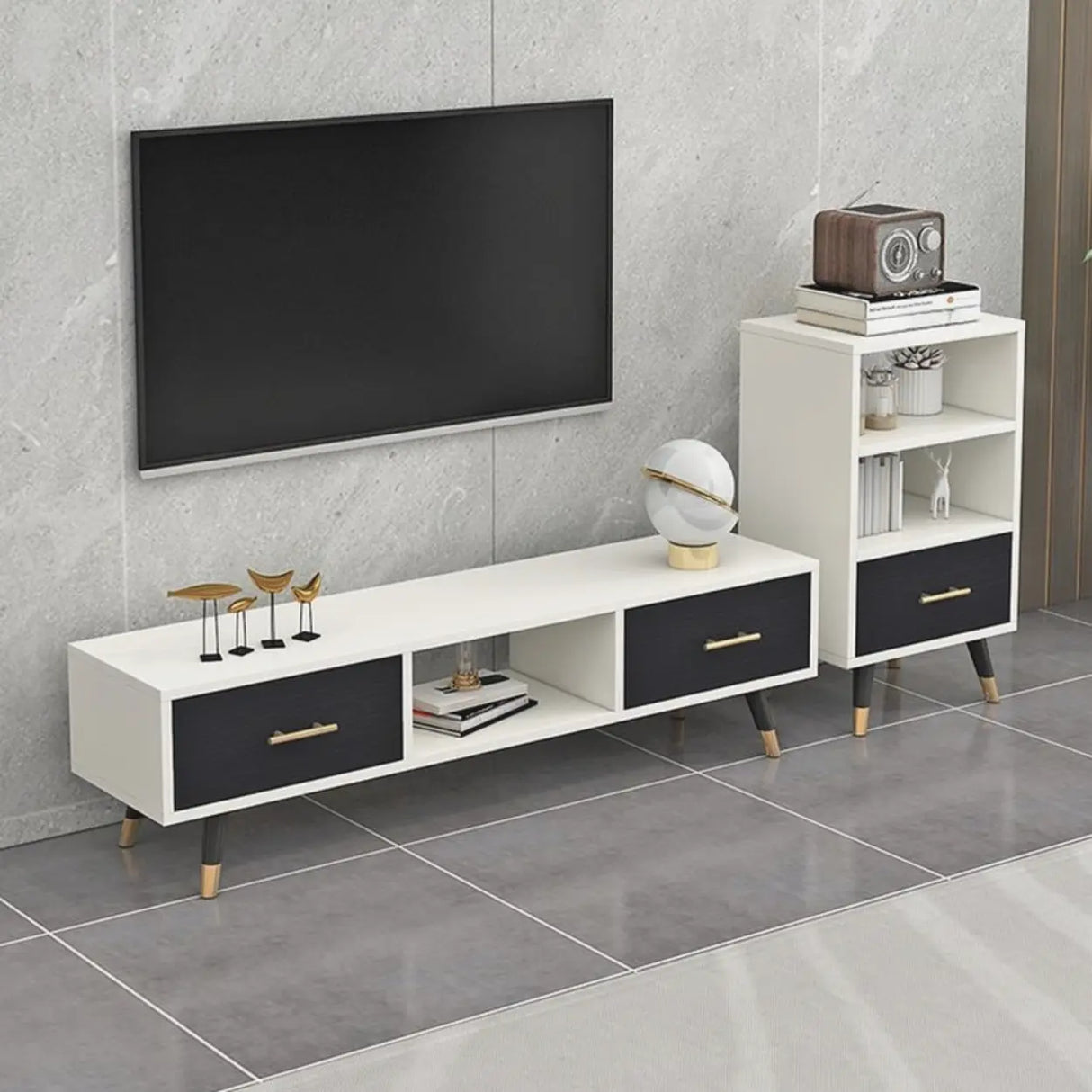 Natural-White Open Storage Drawers Rectangle TV Stand Image - 19