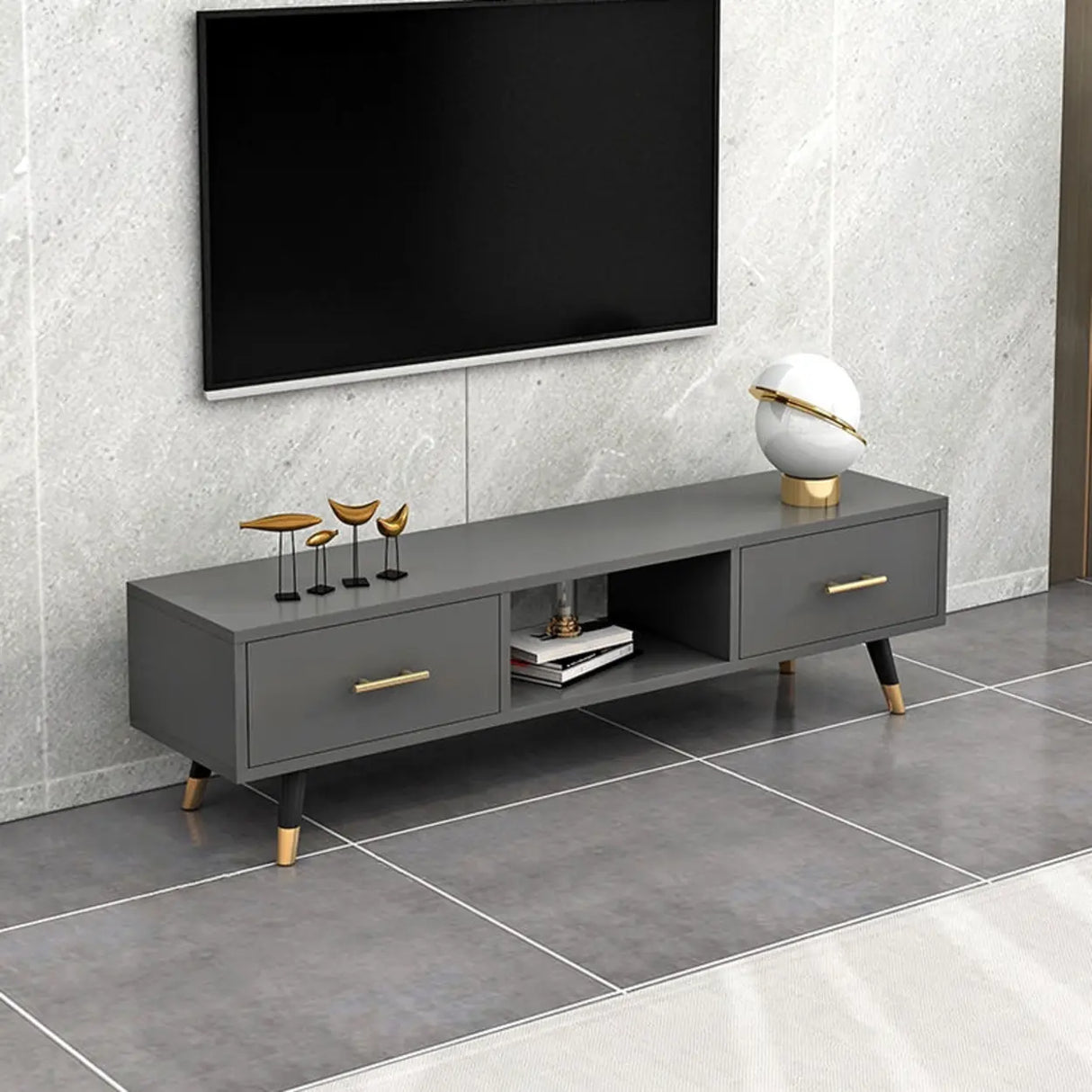 Natural-White Open Storage Drawers Rectangle TV Stand Image - 3