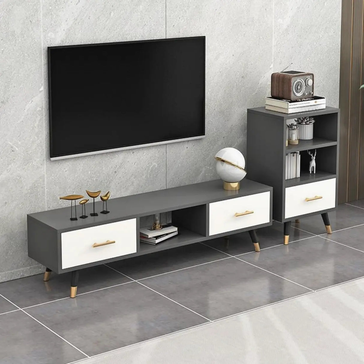 Natural-White Open Storage Drawers Rectangle TV Stand Image - 4