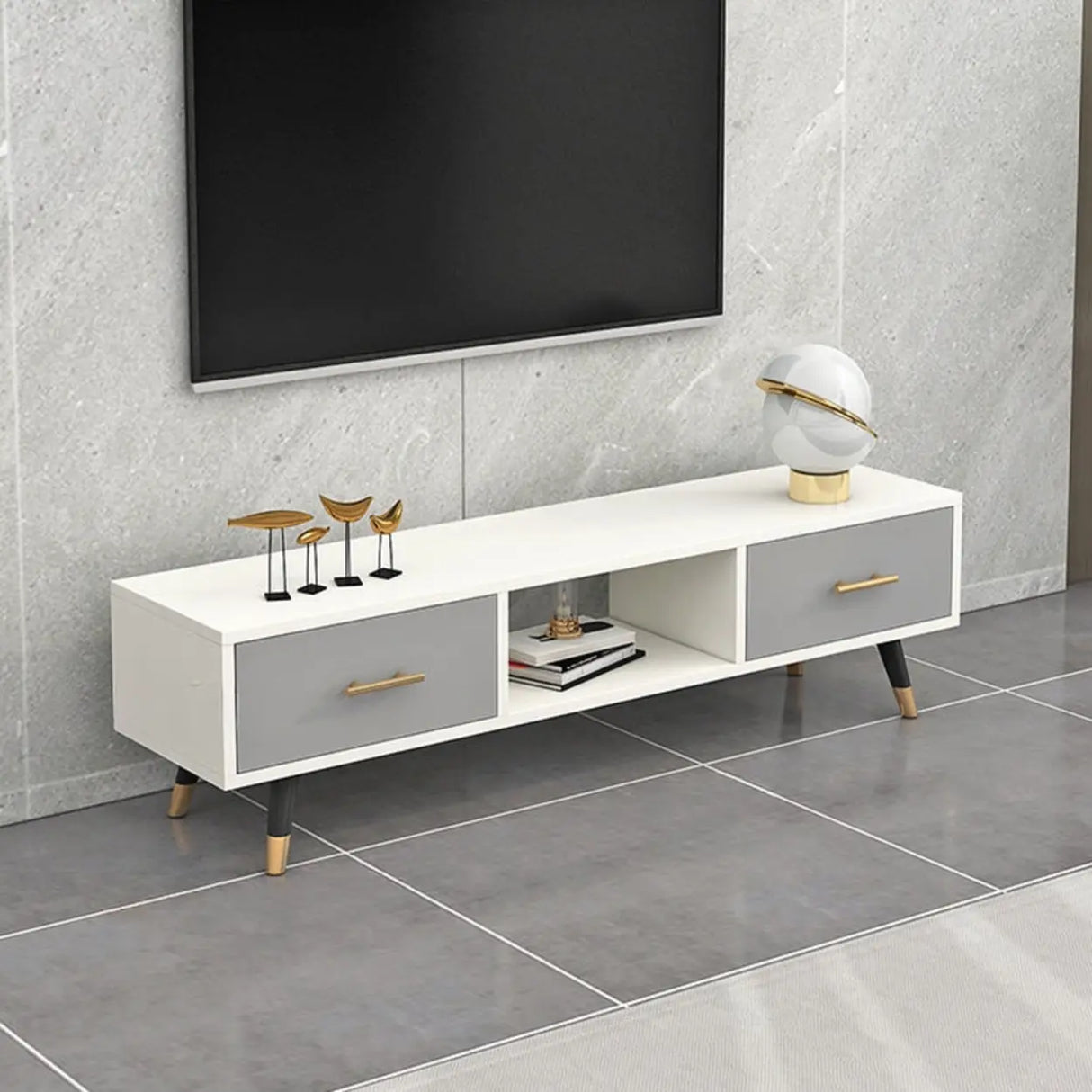 Natural-White Open Storage Drawers Rectangle TV Stand Image - 5