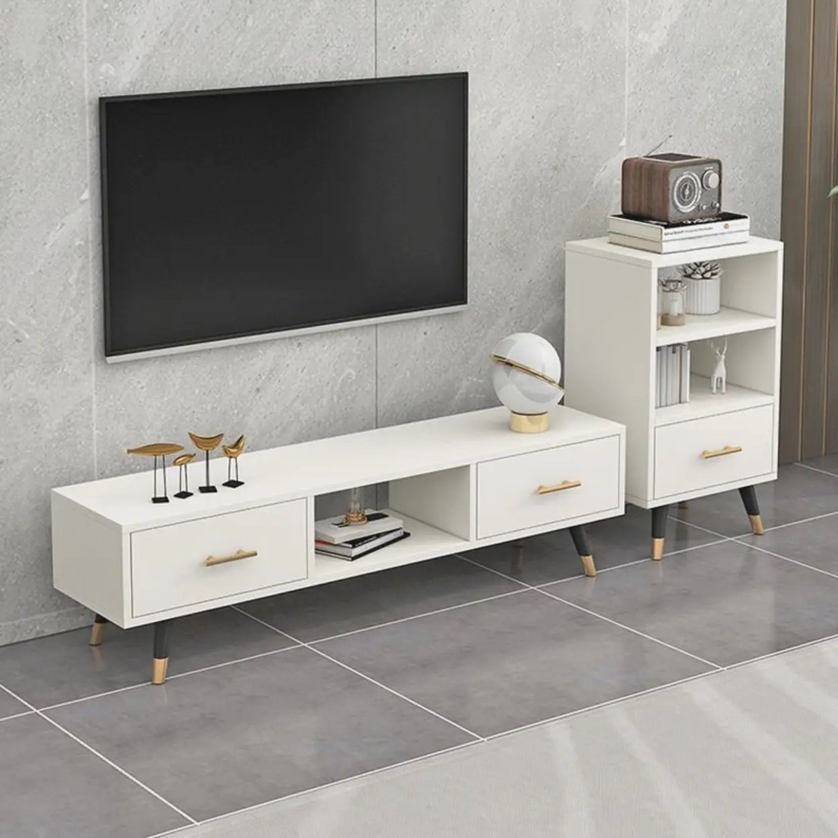 Natural-White Open Storage Drawers Rectangle TV Stand Image - 6