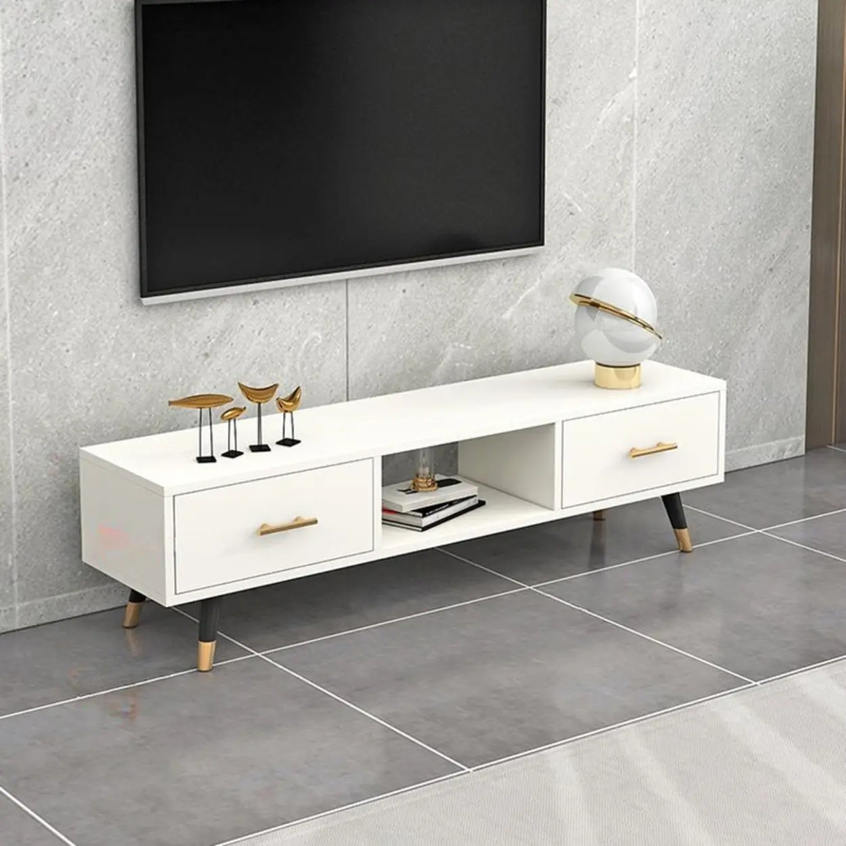 Natural-White Open Storage Drawers Rectangle TV Stand Image - 7
