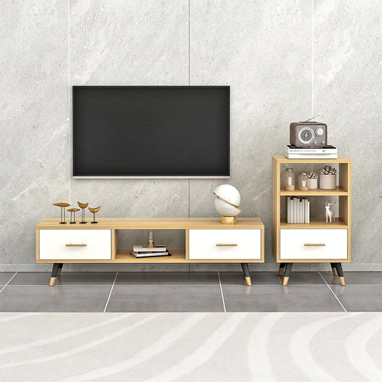 Natural-White Open Storage Drawers Rectangle TV Stand Image - 8