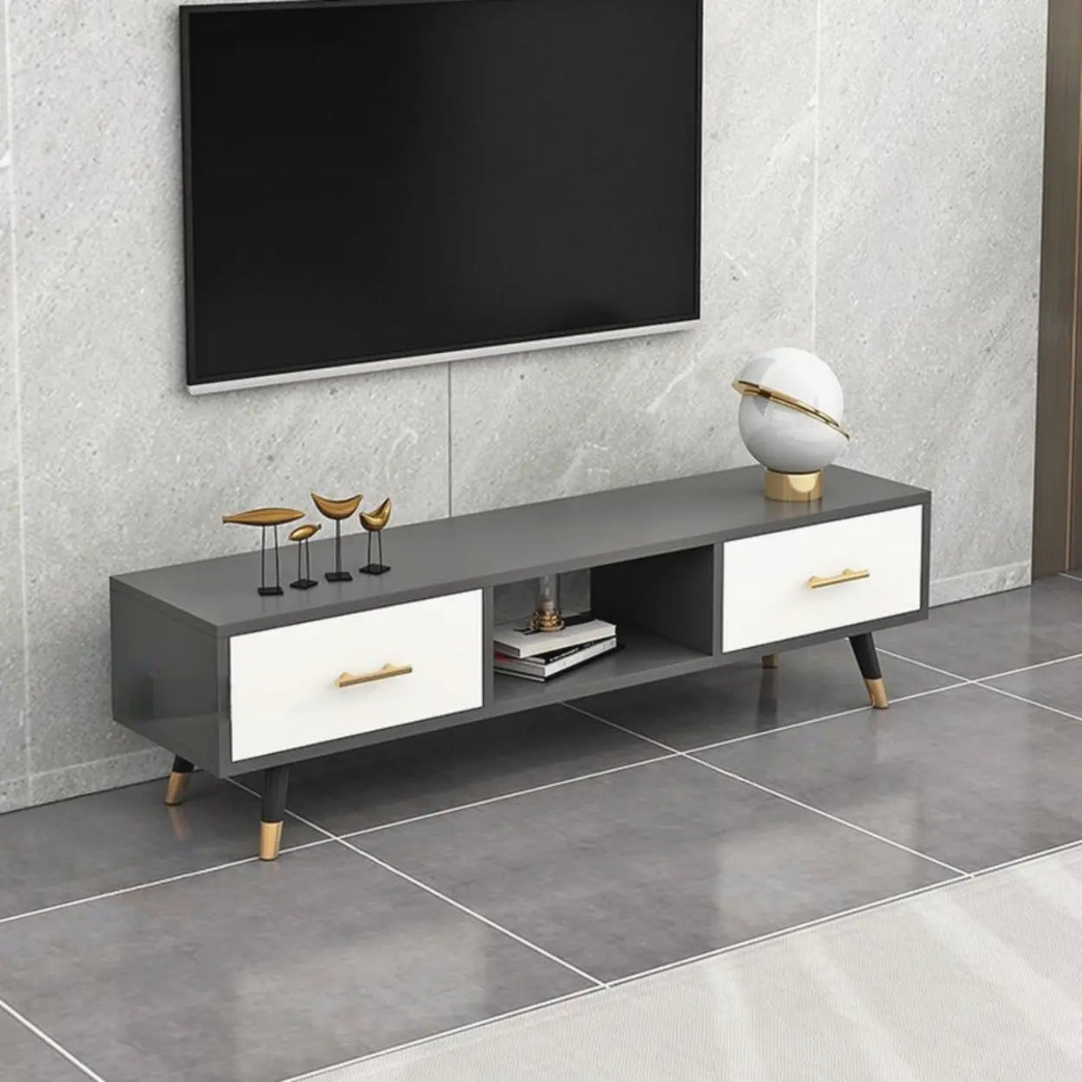 Natural-White Open Storage Drawers Rectangle TV Stand Image - 9
