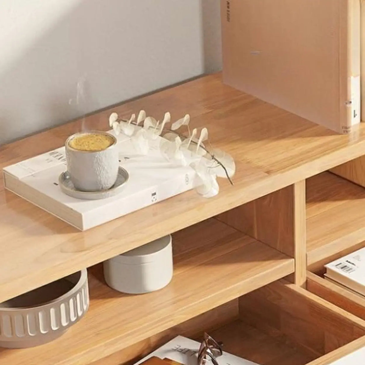 Natural White Wooden Open Storage Drawers TV Stand Image - 11