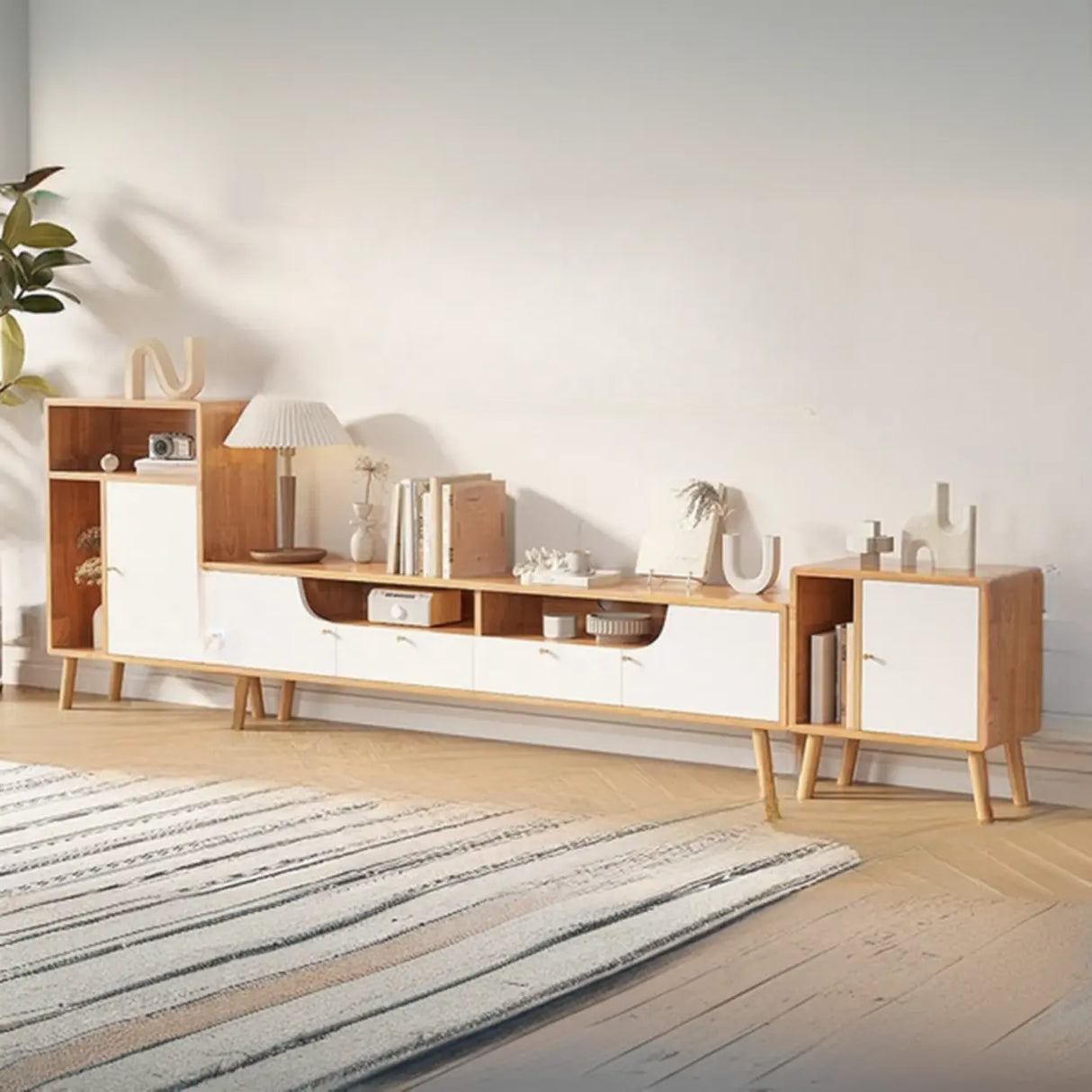 Natural White Wooden Open Storage Drawers TV Stand Image - 1