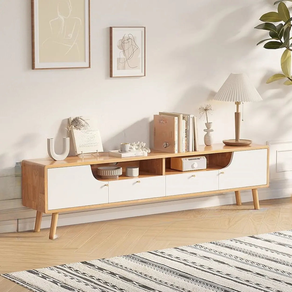 Natural White Wooden Open Storage Drawers TV Stand Image - 2