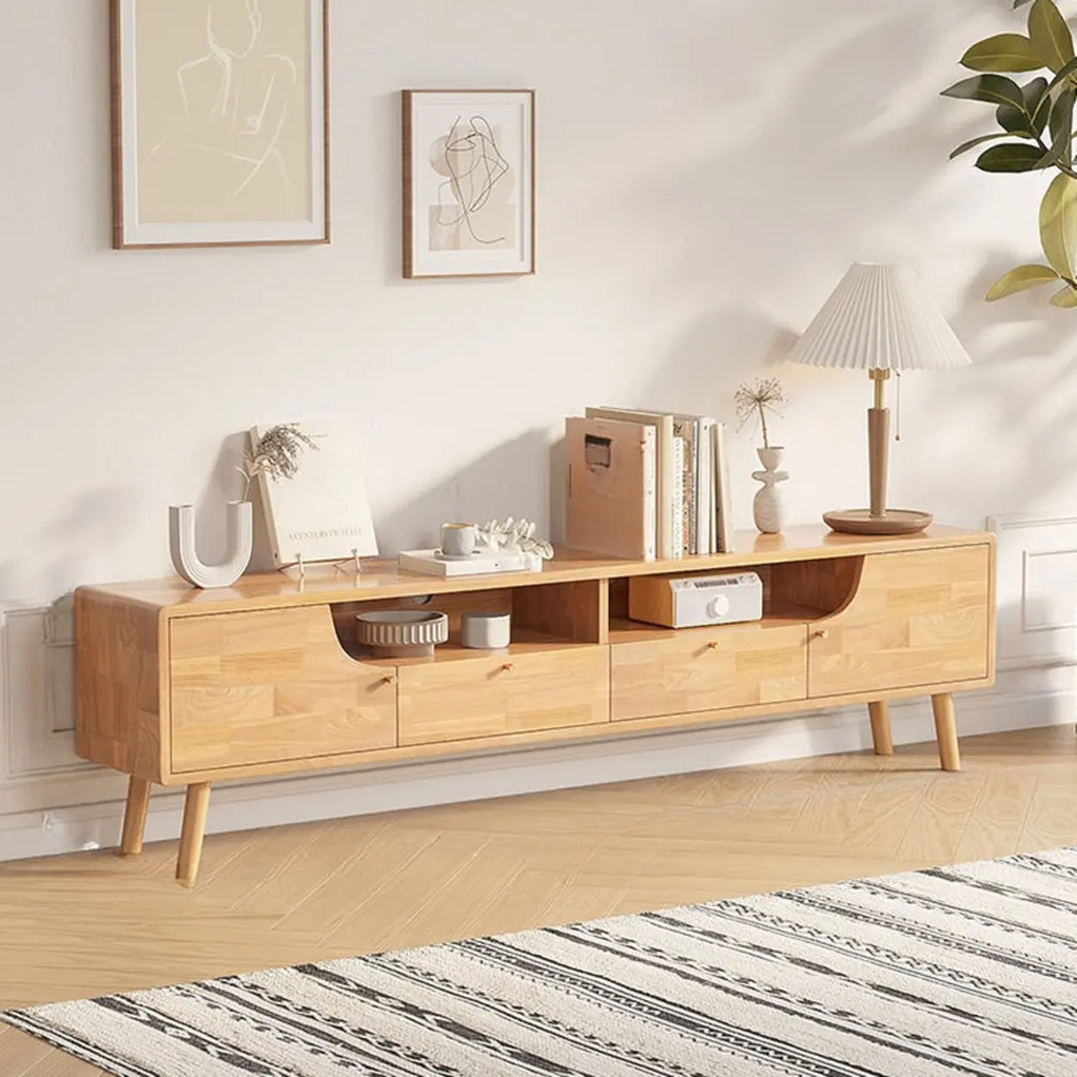 Natural White Wooden Open Storage Drawers TV Stand Image - 3