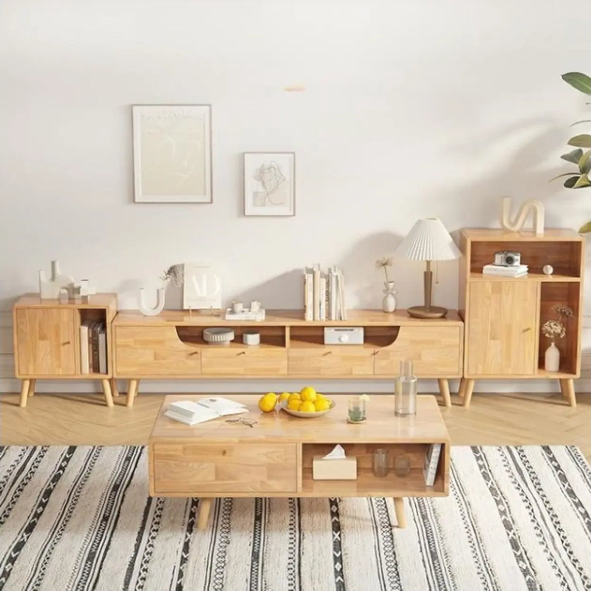 Natural White Wooden Open Storage Drawers TV Stand Image - 4