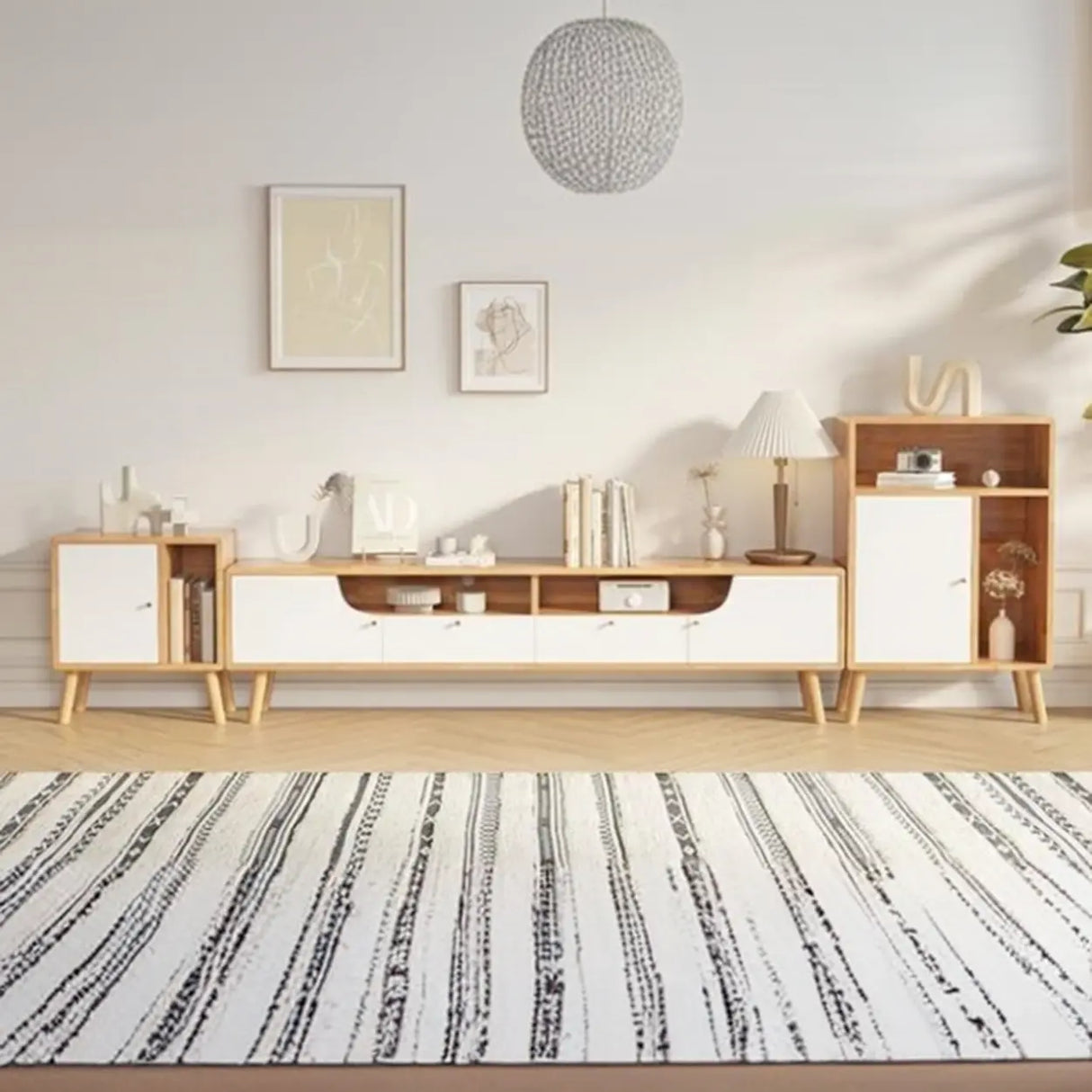 Natural White Wooden Open Storage Drawers TV Stand Image - 5