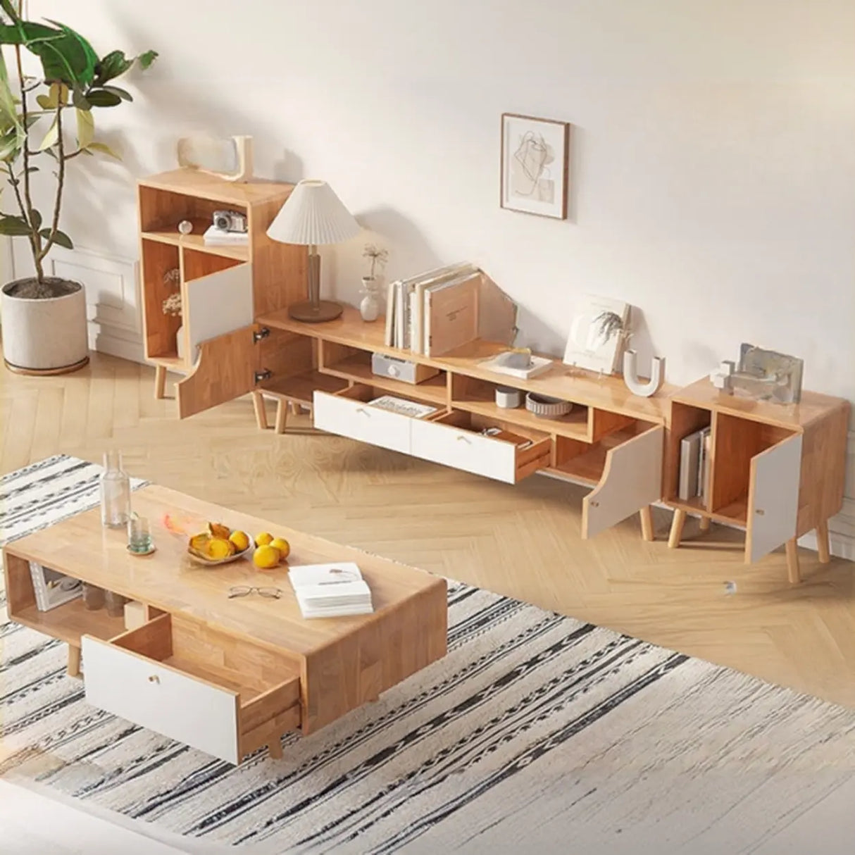 Natural White Wooden Open Storage Drawers TV Stand Image - 6