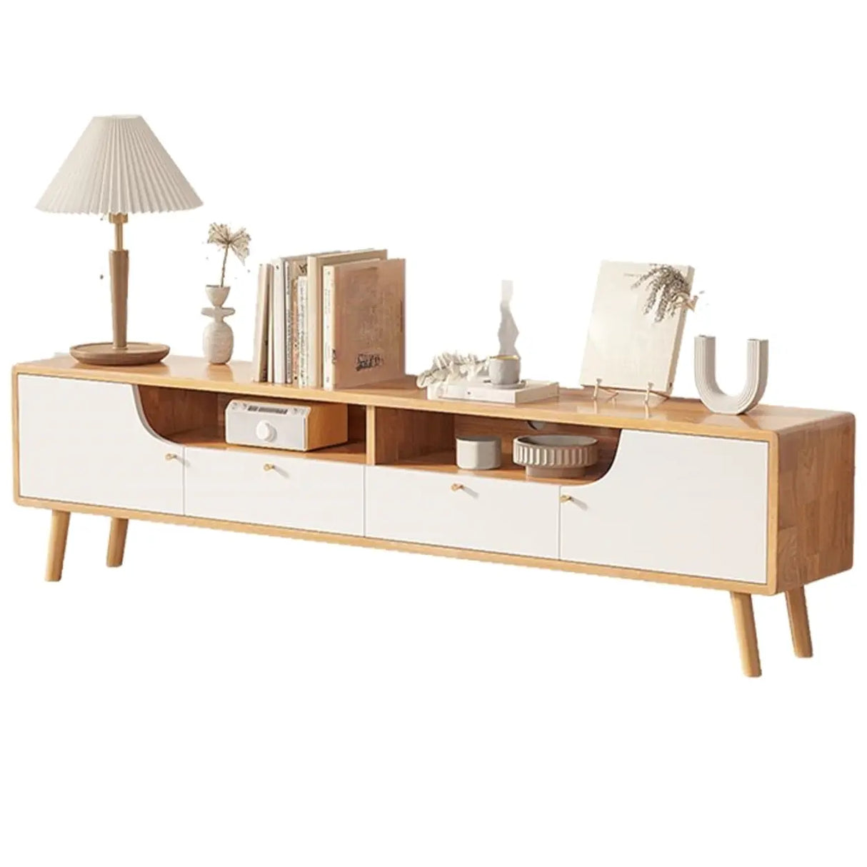 Natural White Wooden Open Storage Drawers TV Stand Image - 7