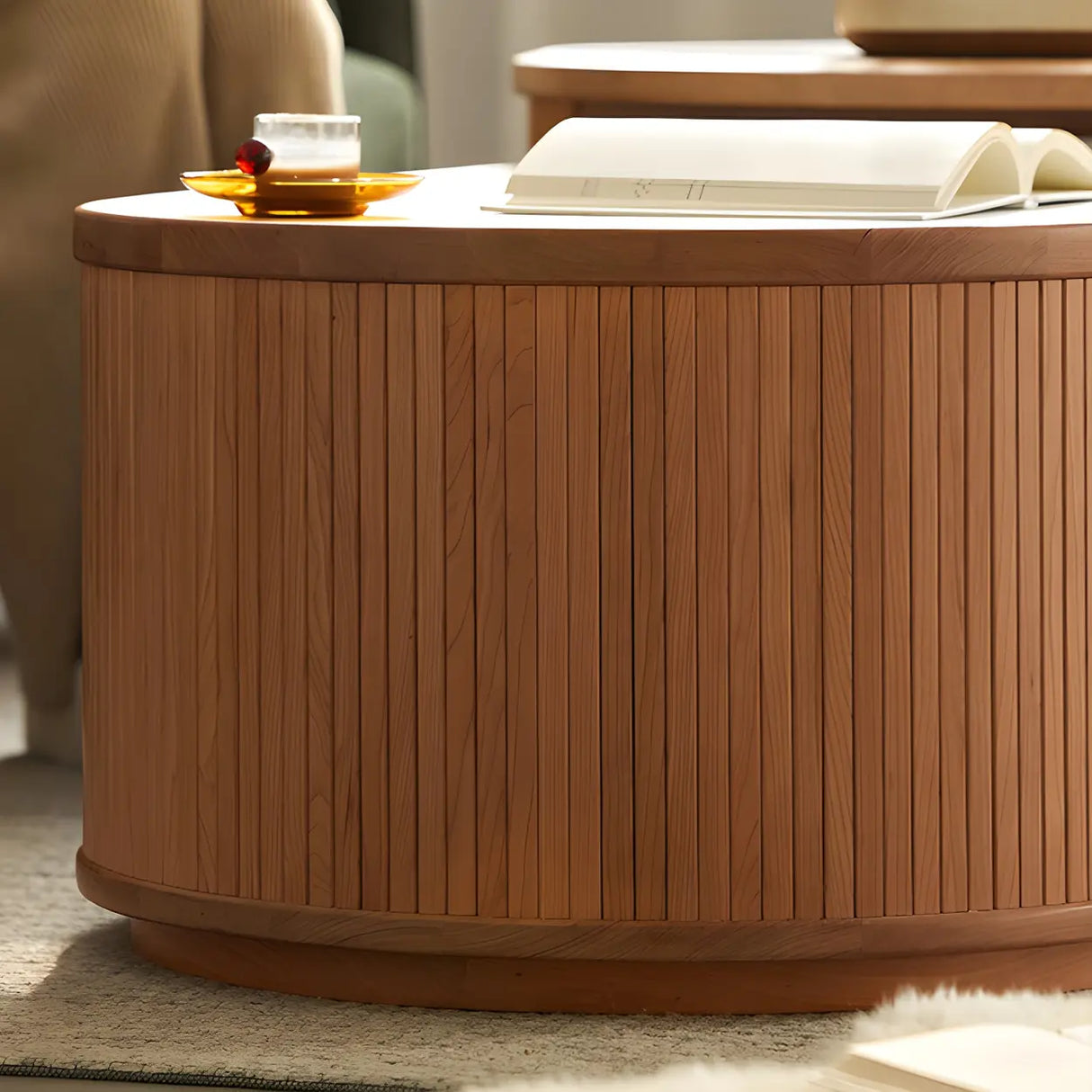 Natural-White Wooden Round Coffee Table with Storage Image - 13