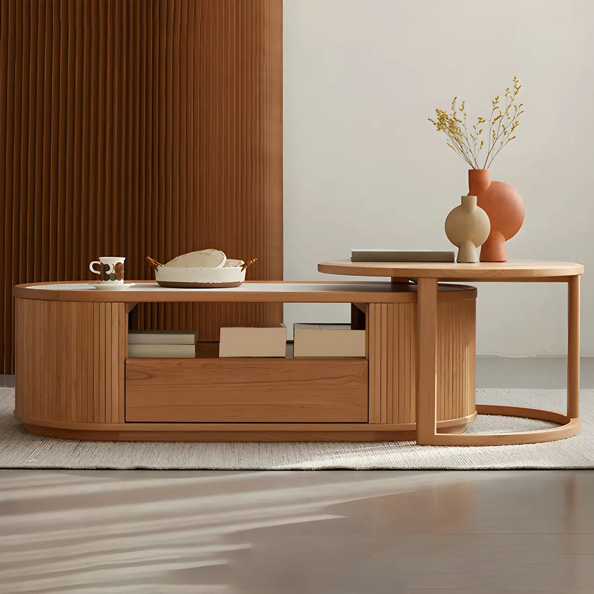 Natural-White Wooden Round Coffee Table with Storage Image - 15