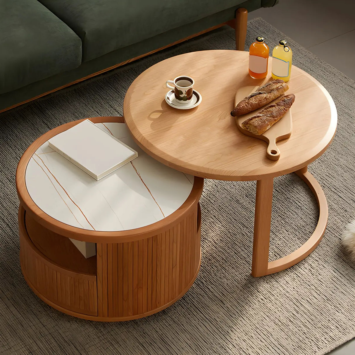 Natural-White Wooden Round Coffee Table with Storage Image - 16