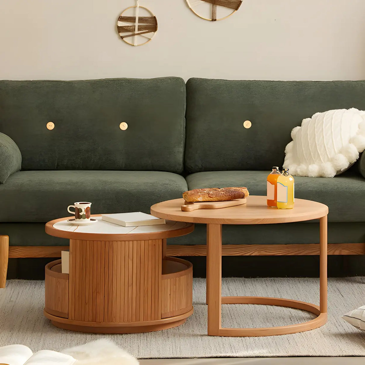 Natural-White Wooden Round Coffee Table with Storage Image - 4