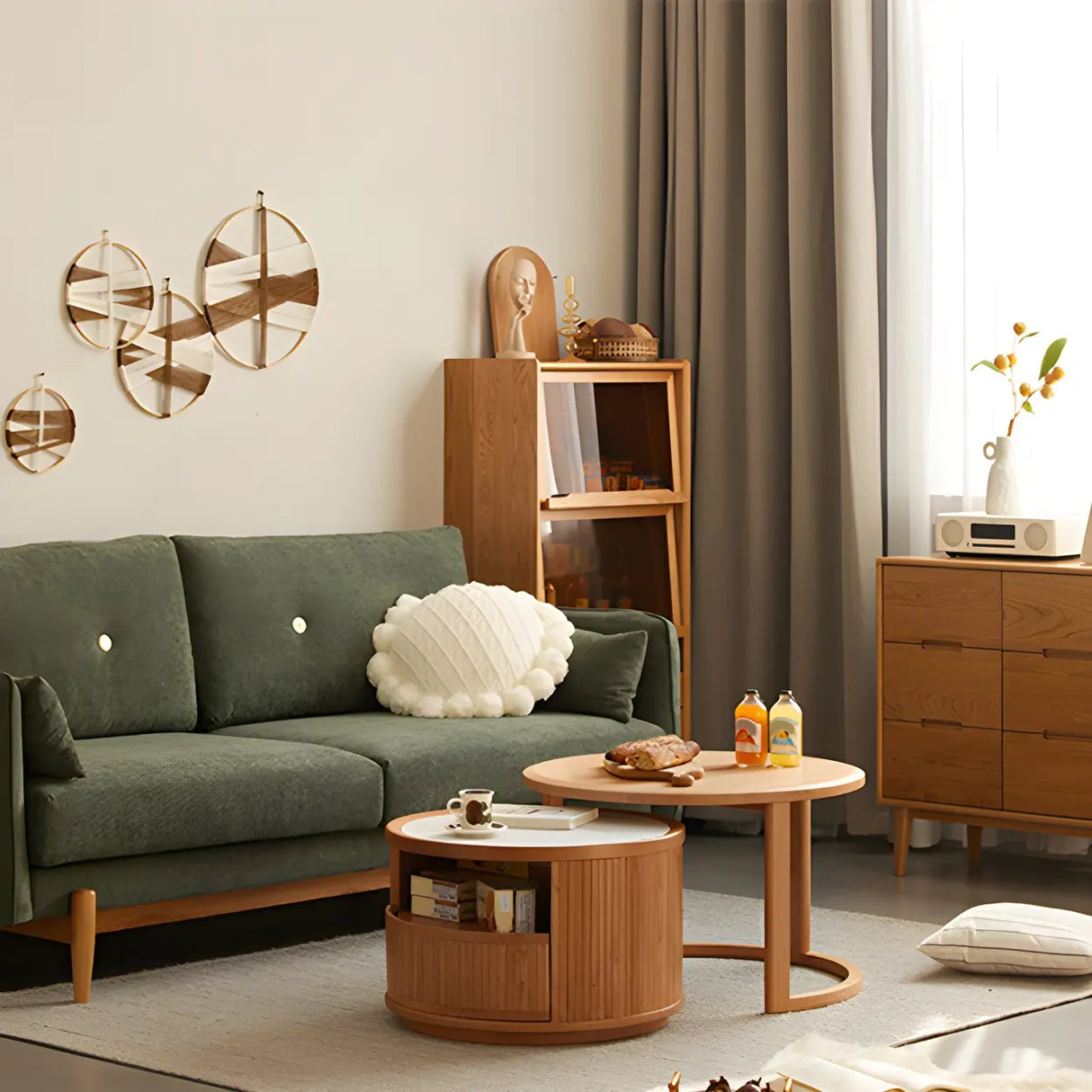 Natural-White Wooden Round Coffee Table with Storage Image - 8