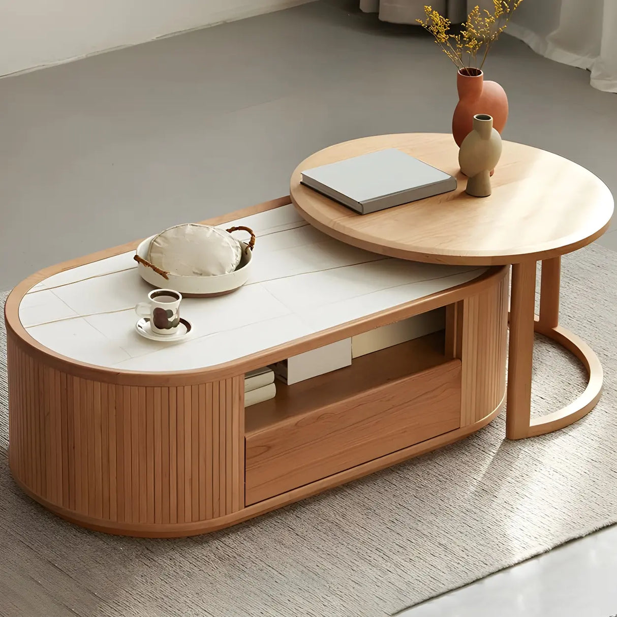 Natural-White Wooden Round Coffee Table with Storage Image - 9