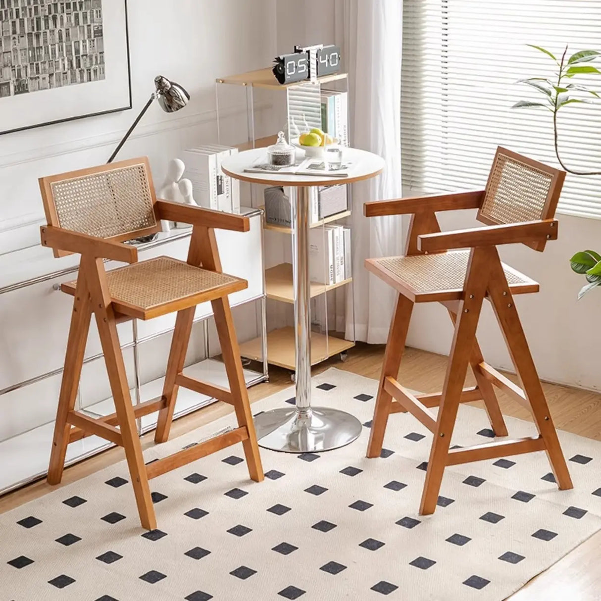 Natural Wicker Rattan Wooden Square Bar Stool with Back Image - 1