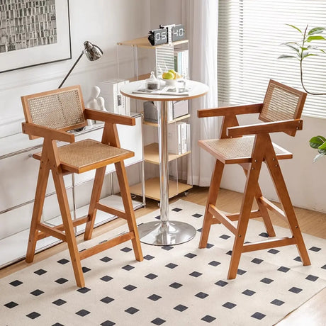 Natural Wicker Rattan Wooden Square Bar Stool with Back Image - 1