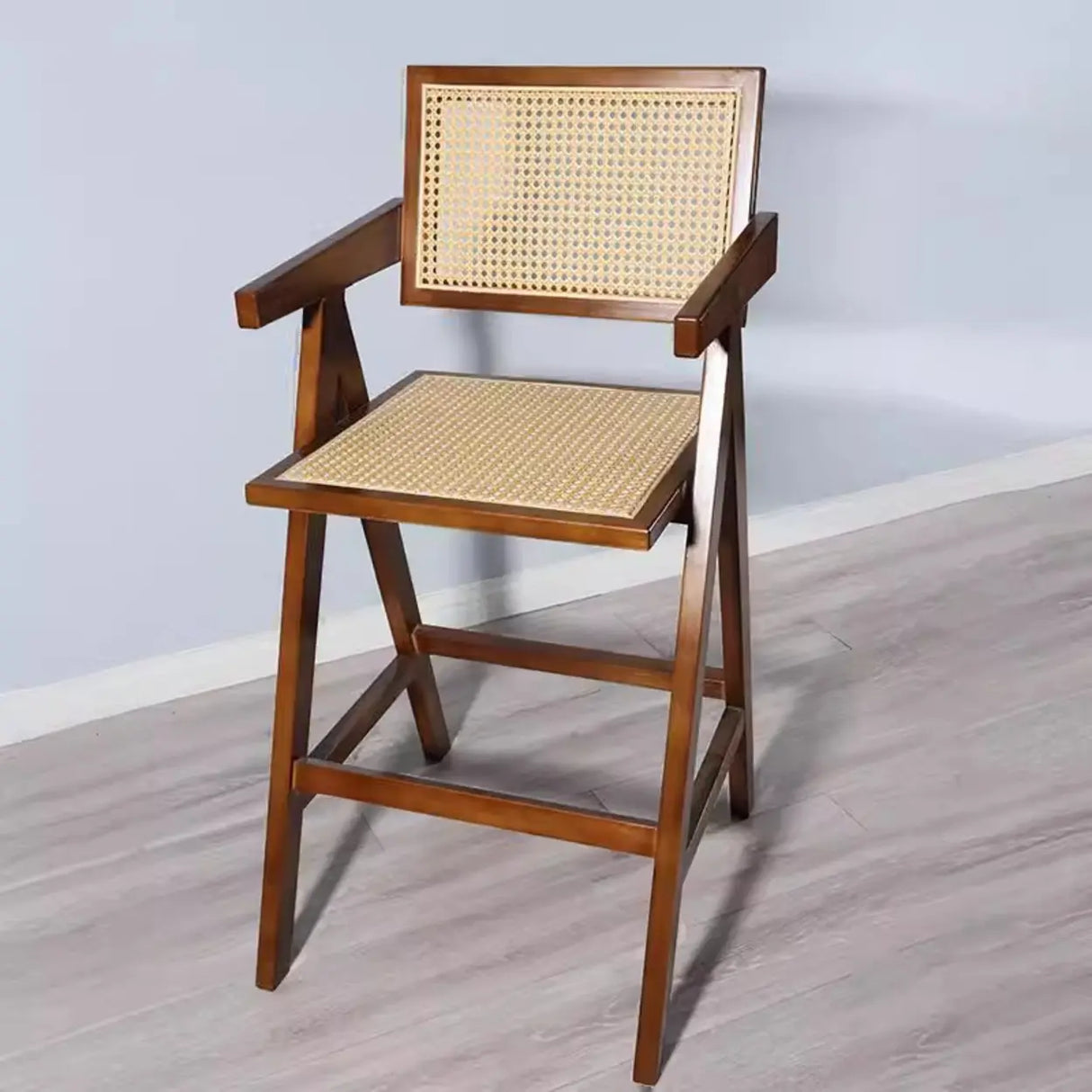Natural Wicker Rattan Wooden Square Bar Stool with Back Image - 2