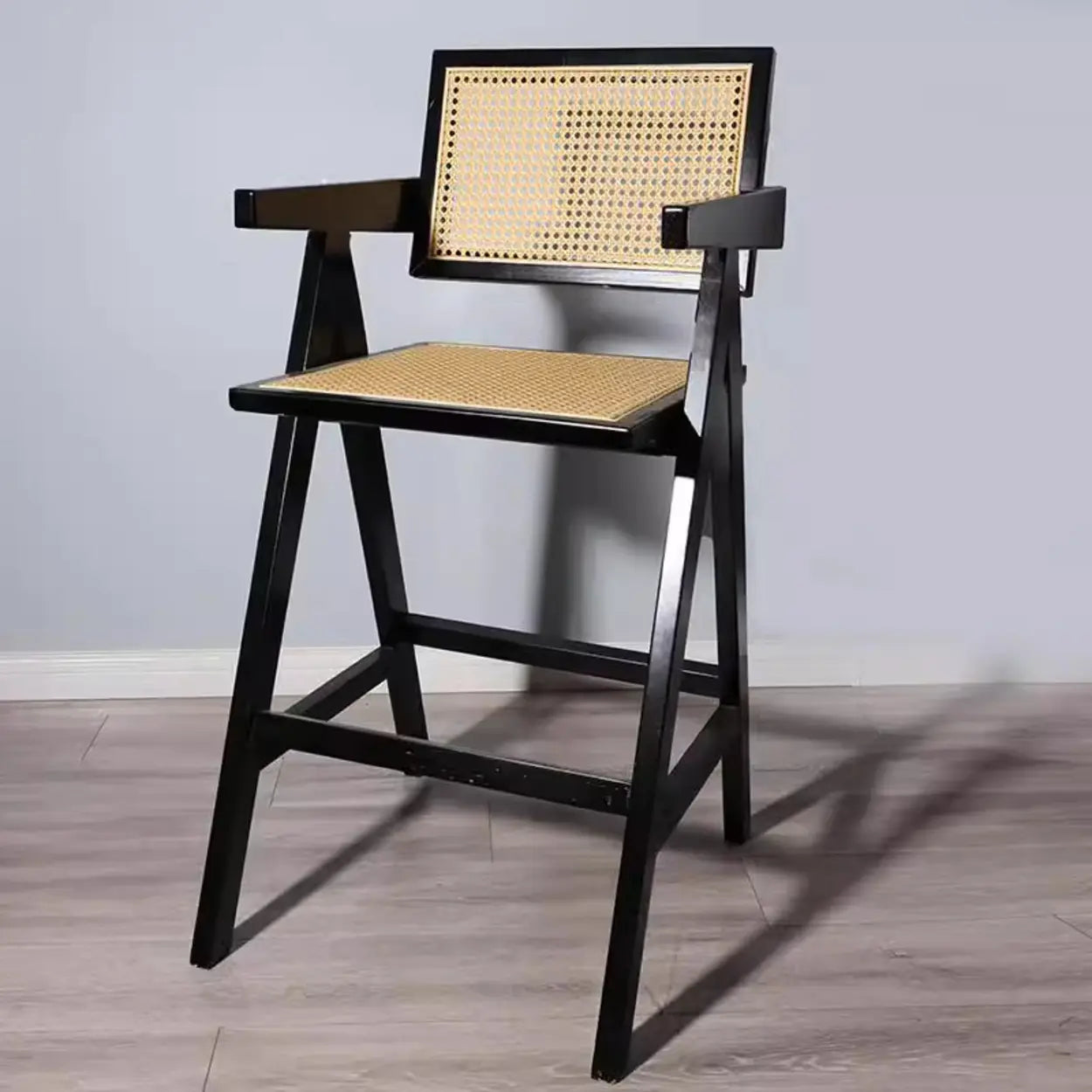 Natural Wicker Rattan Wooden Square Bar Stool with Back Image - 5
