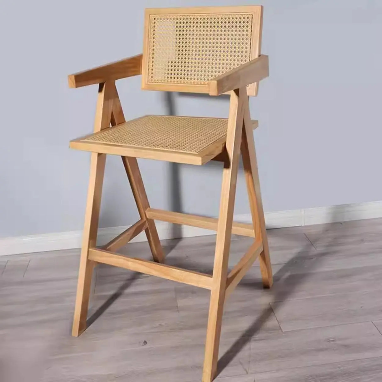 Natural Wicker Rattan Wooden Square Bar Stool with Back Image - 3
