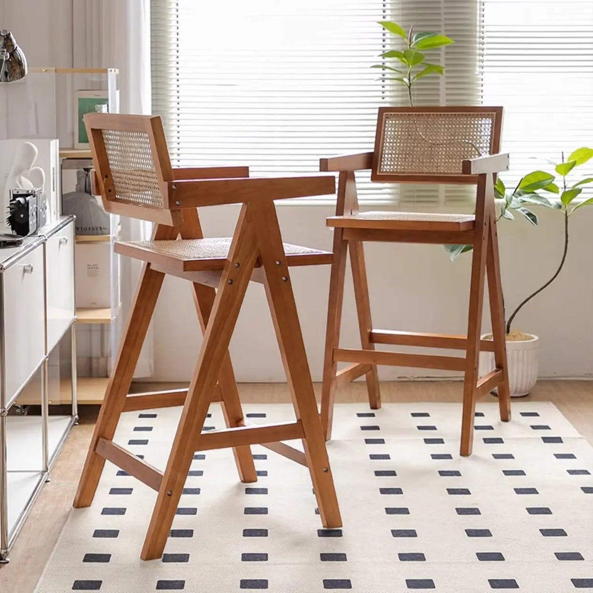 Natural Wicker Rattan Wooden Square Bar Stool with Back Image - 6