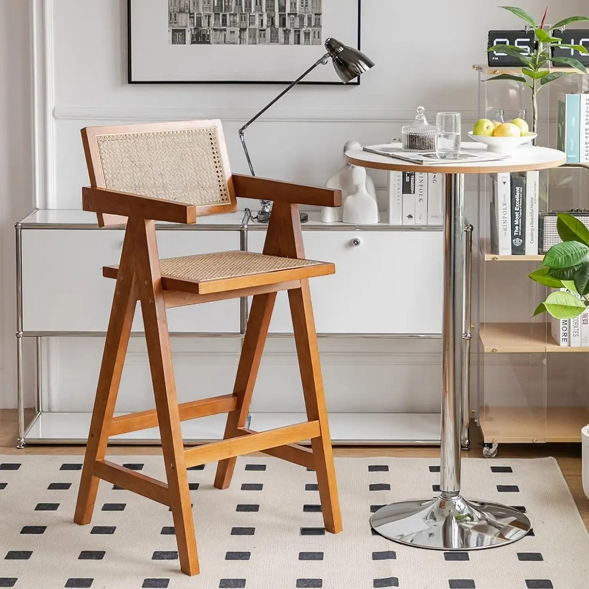 Natural Wicker Rattan Wooden Square Bar Stool with Back Image - 4