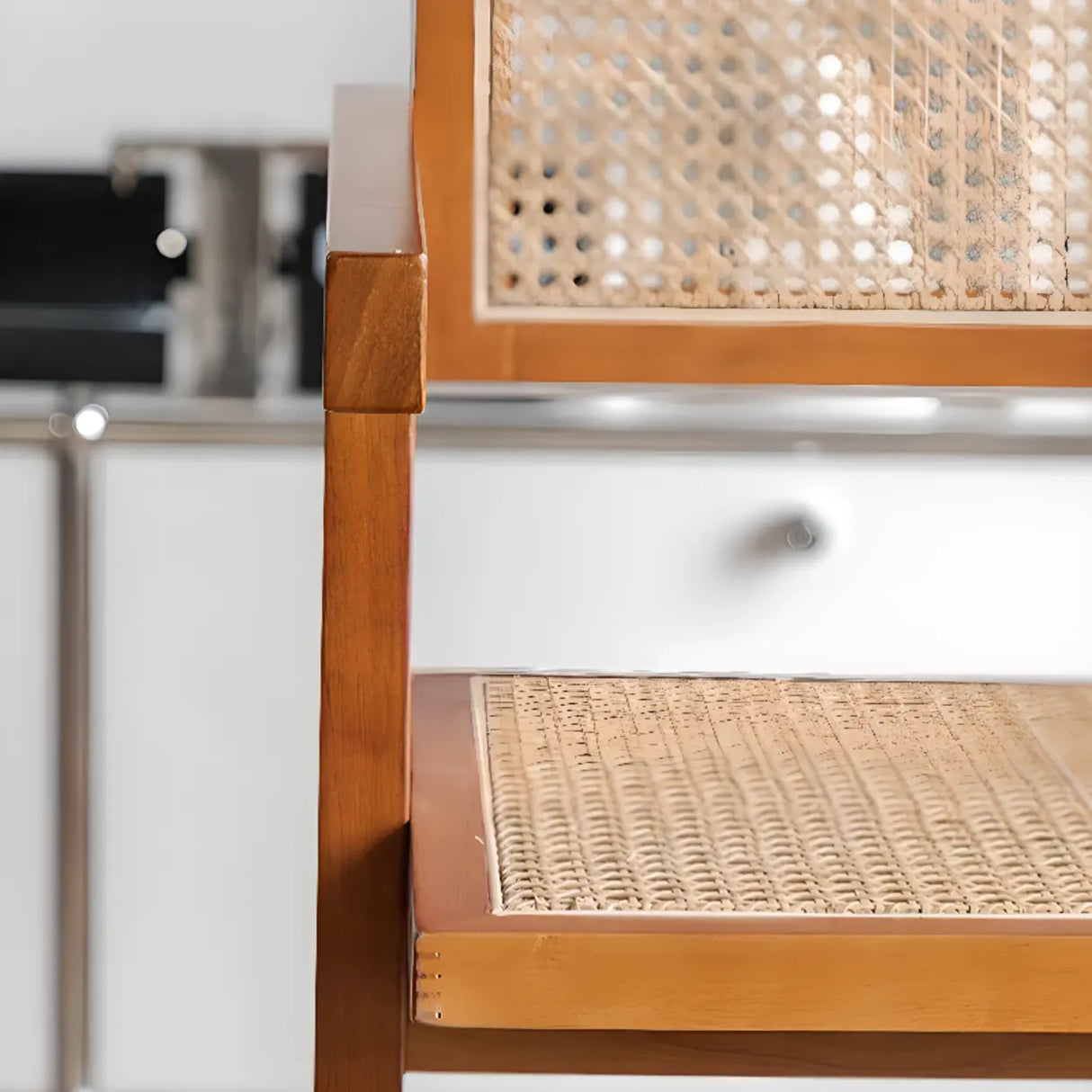 Natural Wicker Rattan Wooden Square Bar Stool with Back Image - 9