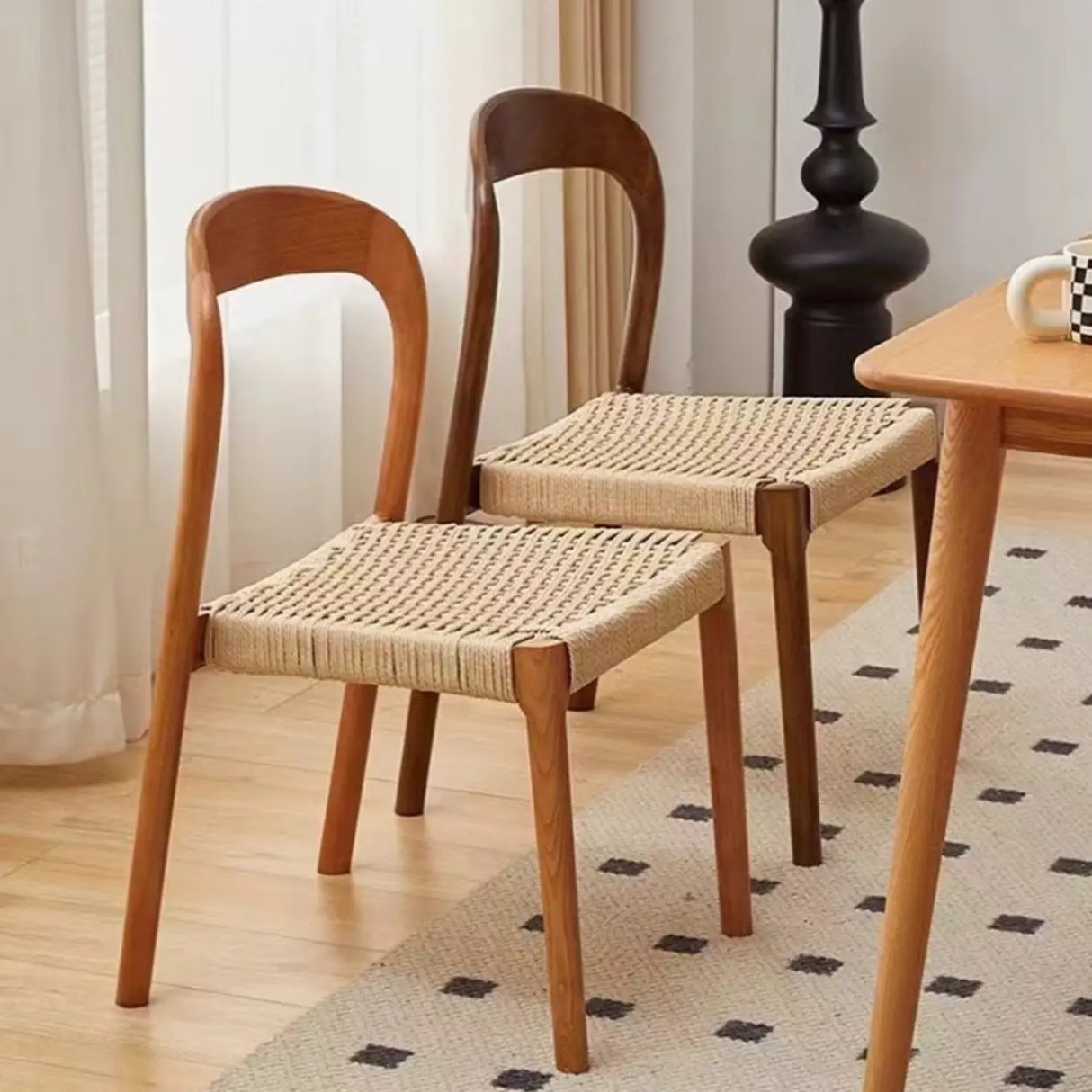 Natural Wood Braided Rope Seat Armless Dining Chair Image - 1