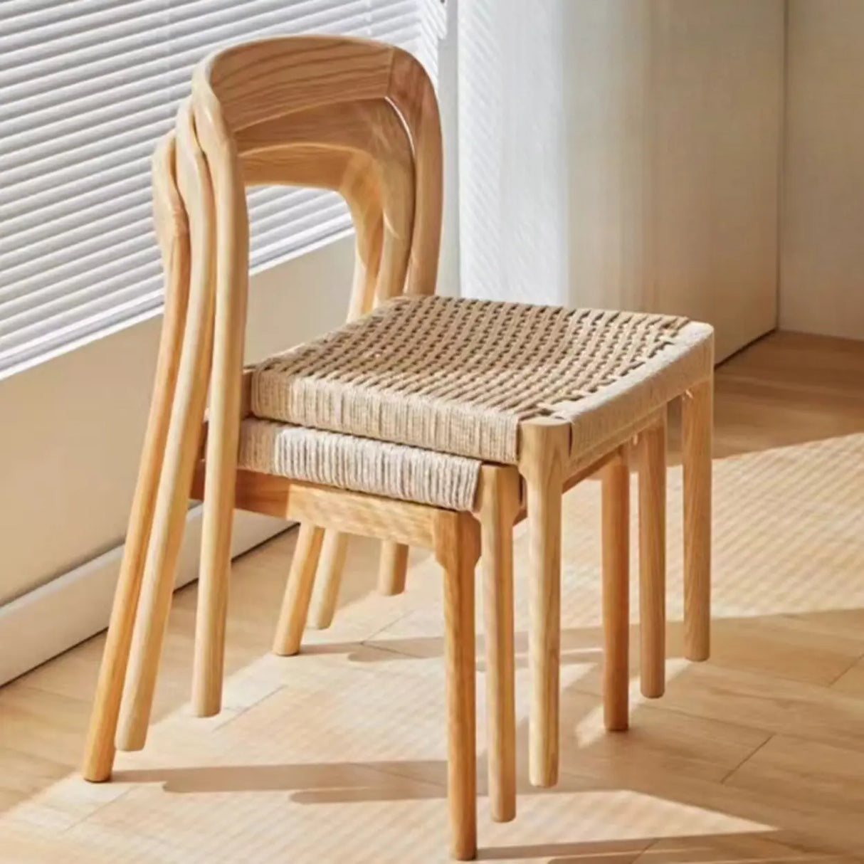 Natural Wood Braided Rope Seat Armless Dining Chair Image - 11