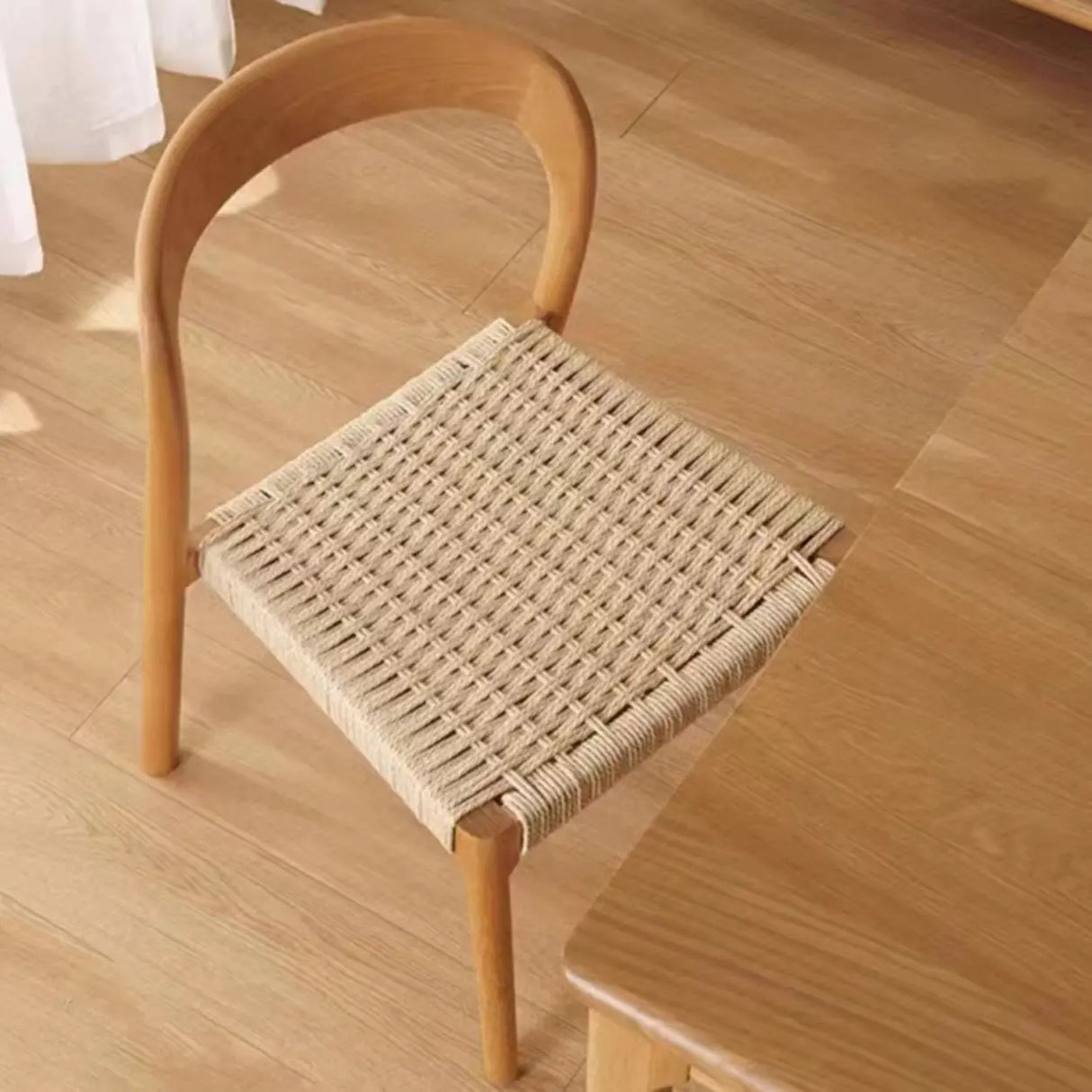 Natural Wood Braided Rope Seat Armless Dining Chair Image - 13
